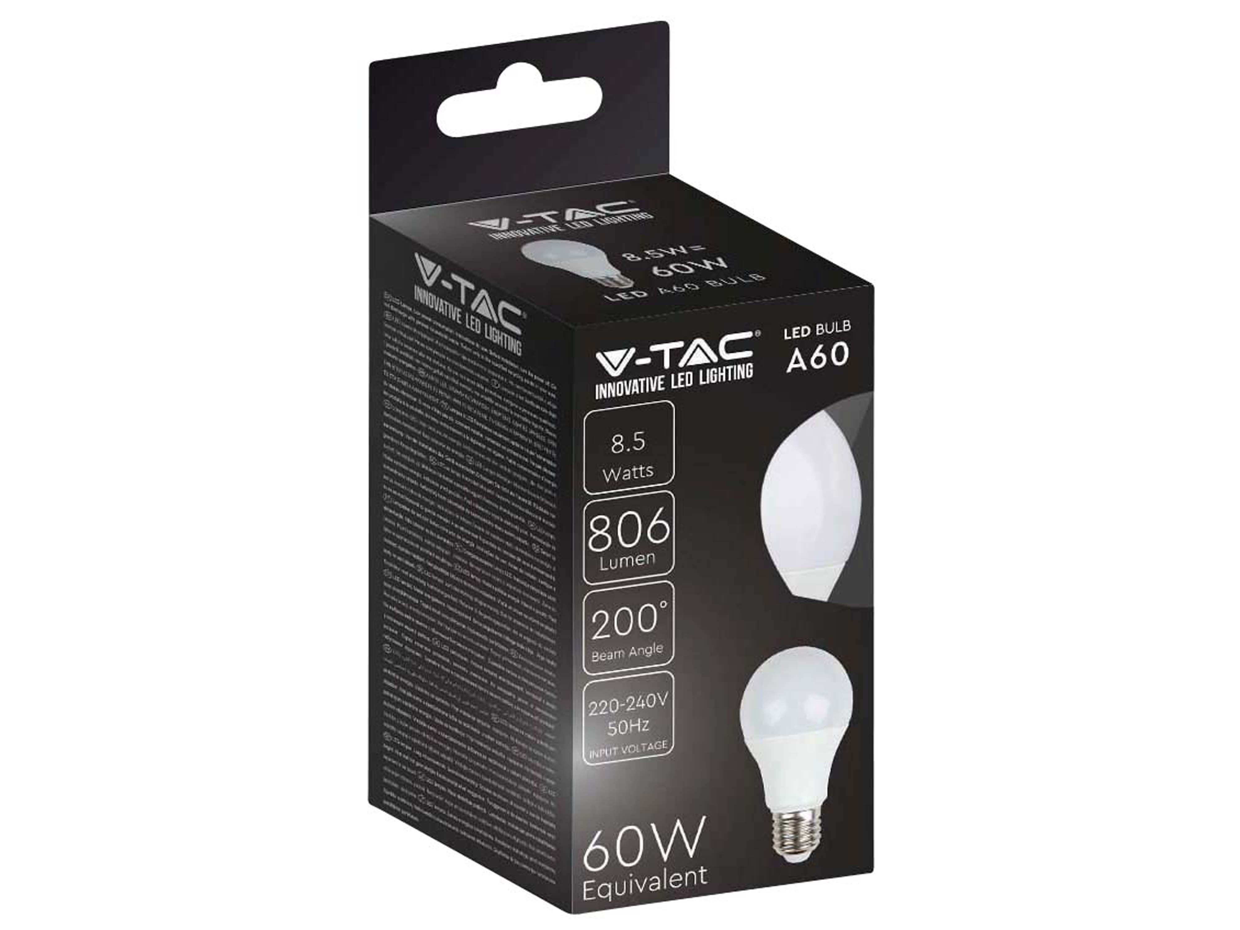 V-TAC LED-Lampe VT-2099, E27, EEK: F, 8,5 W, 806 lm, 3000 K, 5 Stück