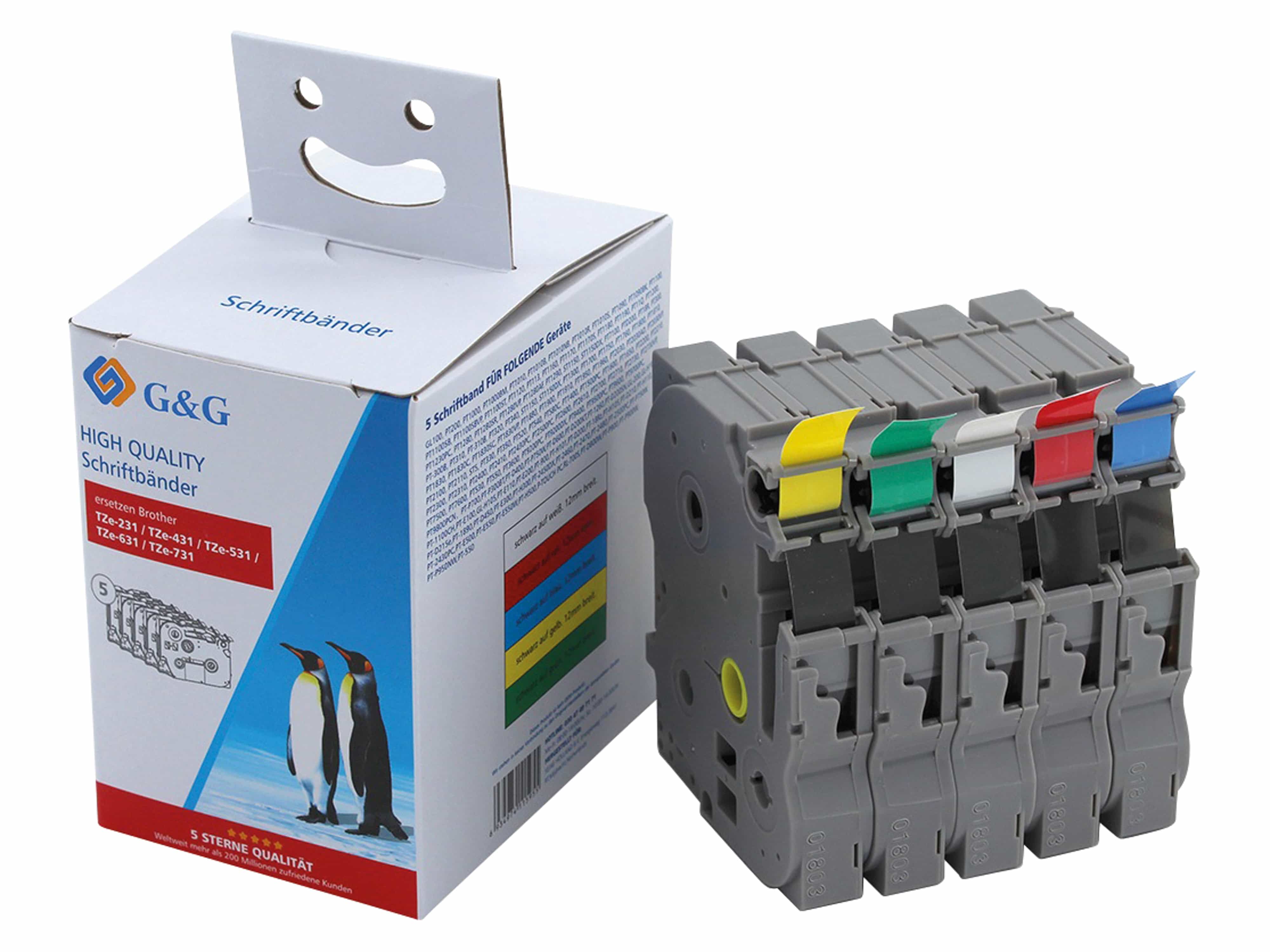 G&G Schriftbänder Multipack 5er Pack div. Farben ersetzt TZe-231/ TZe-431/ TZe-531/ TZe-631/ TZe-731