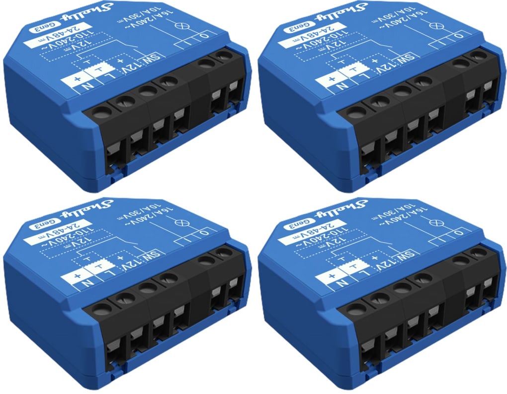 SHELLY Smart-Schalter 1 Gen3, Relais, Unterputz, 1 Kanal, max. 16 A, WLAN, Bluetooth, 4 Stück