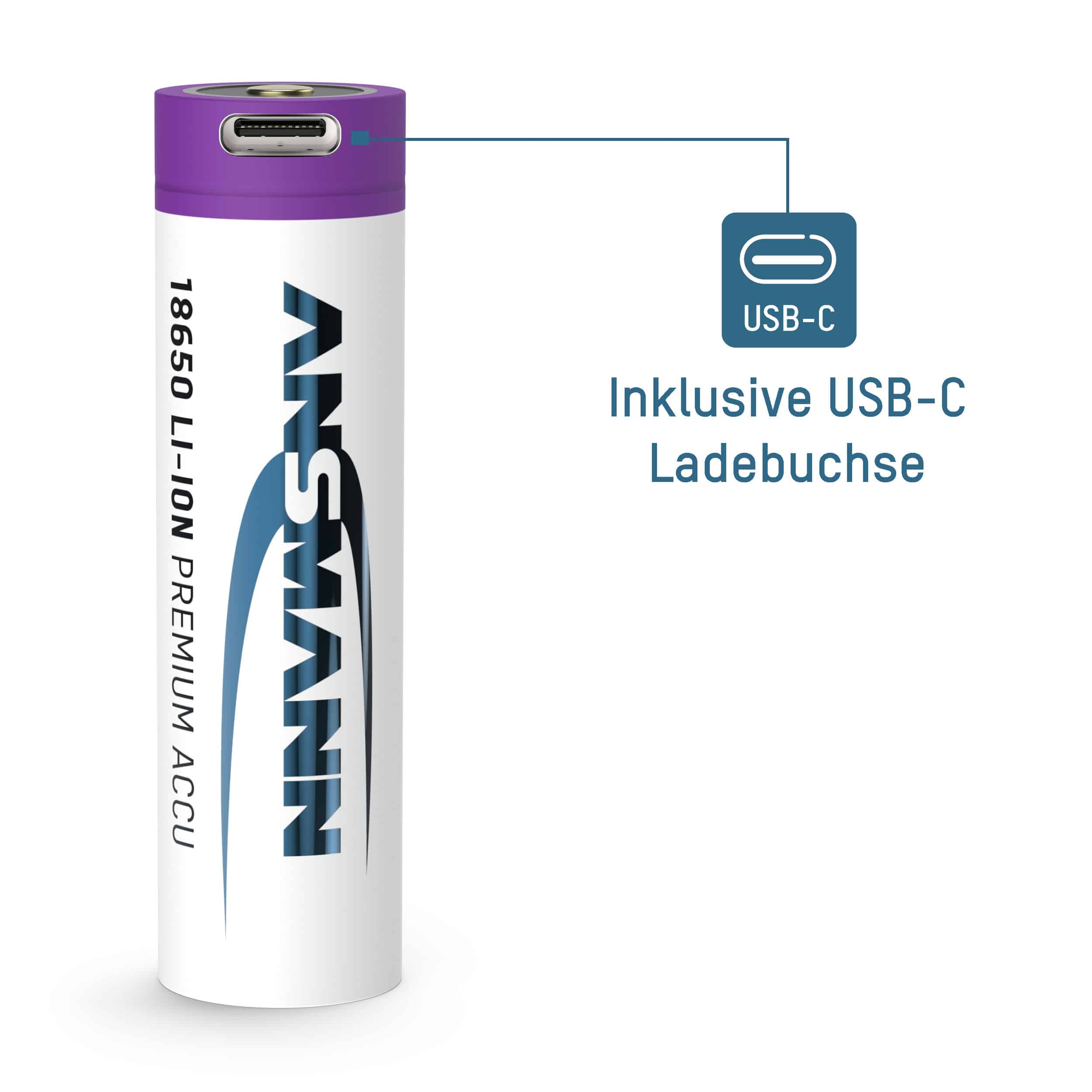 ANSMANN LiIon-Akku, 1307-0002, 18650, 3,6 V-, 2600mAh, mit USB-C Ladebuchse 