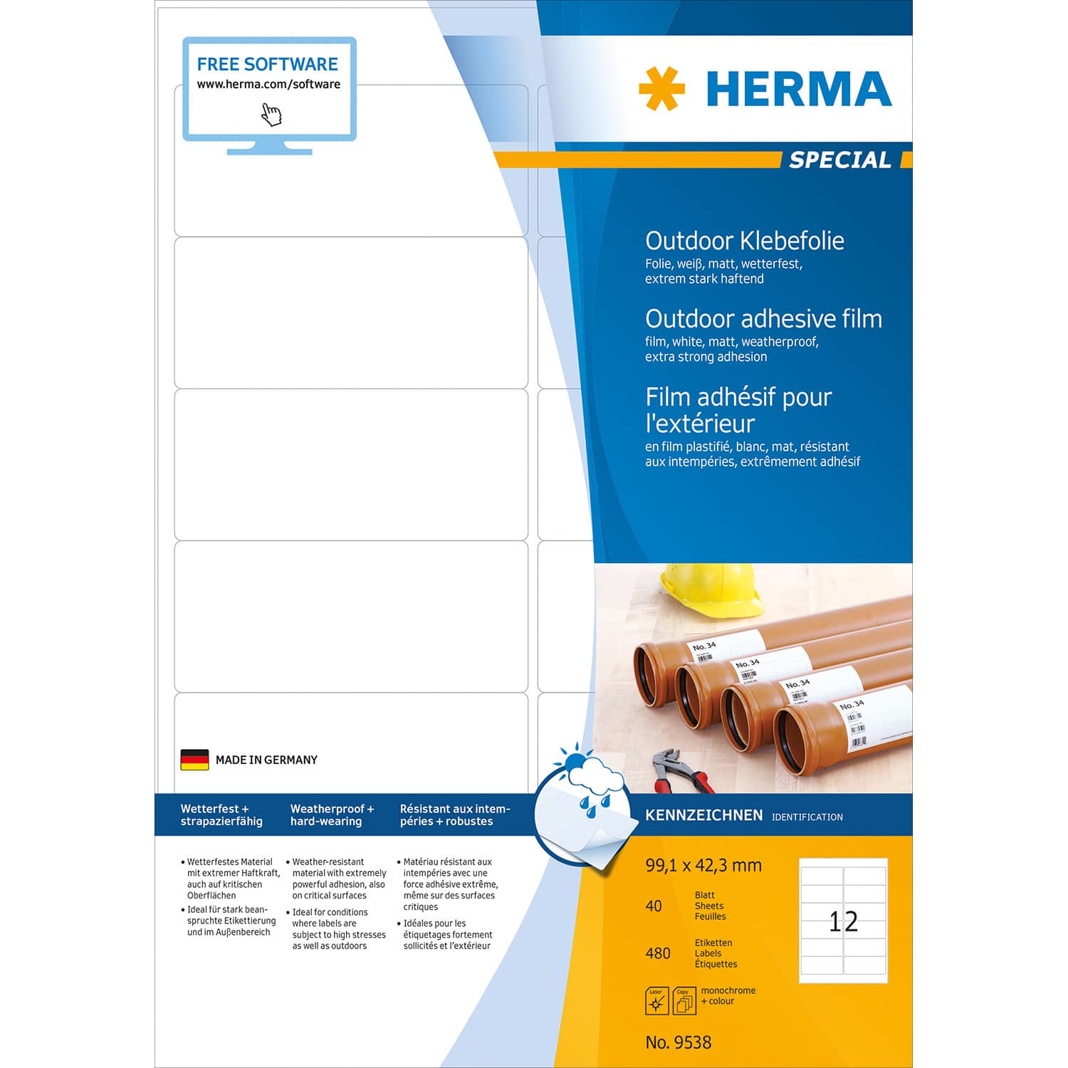 HERMA Etiketten A4, Outdoor, Klebefolie, weiß, 99,1x42,3mm, 480 Stück