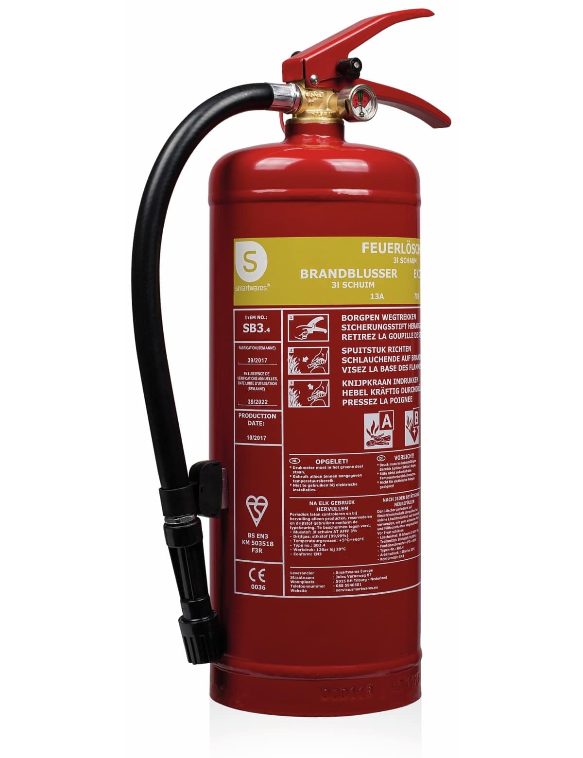 SMARTWARES Feuerlöscher, Schaum, 3 L, Brandklasse 13A, 70B