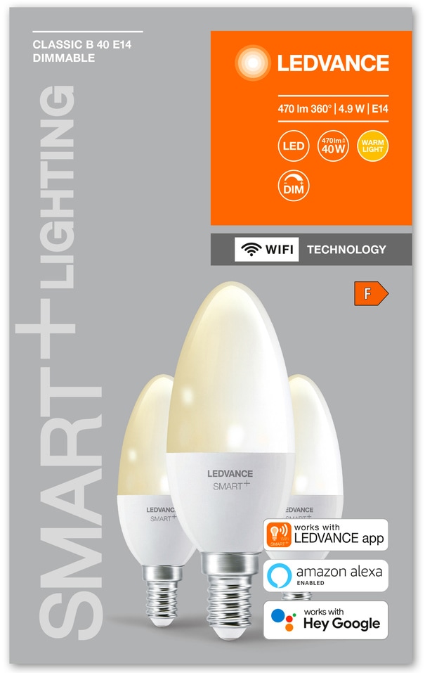 LEDVANCE LED-Lampe SMART+ WiFi Candle, B40, E14, EEK: F, 4,9 W, 470 lm, 2700 K, Smart, 3 Stück