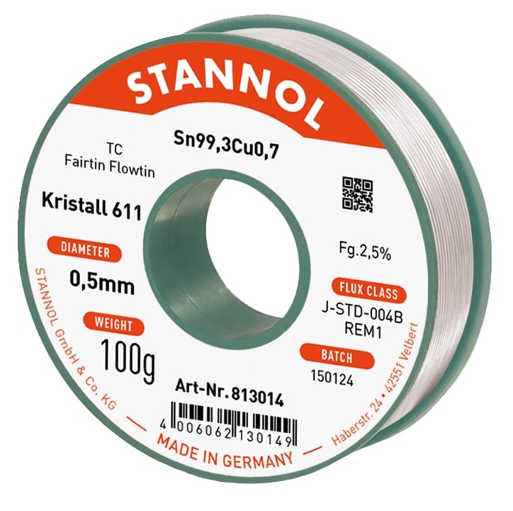 STANNOL Lötzinn Kristall 611, TC, Sn99,3Cu0,7, Fairtin Flowtin, 0,5 mm, 100 g