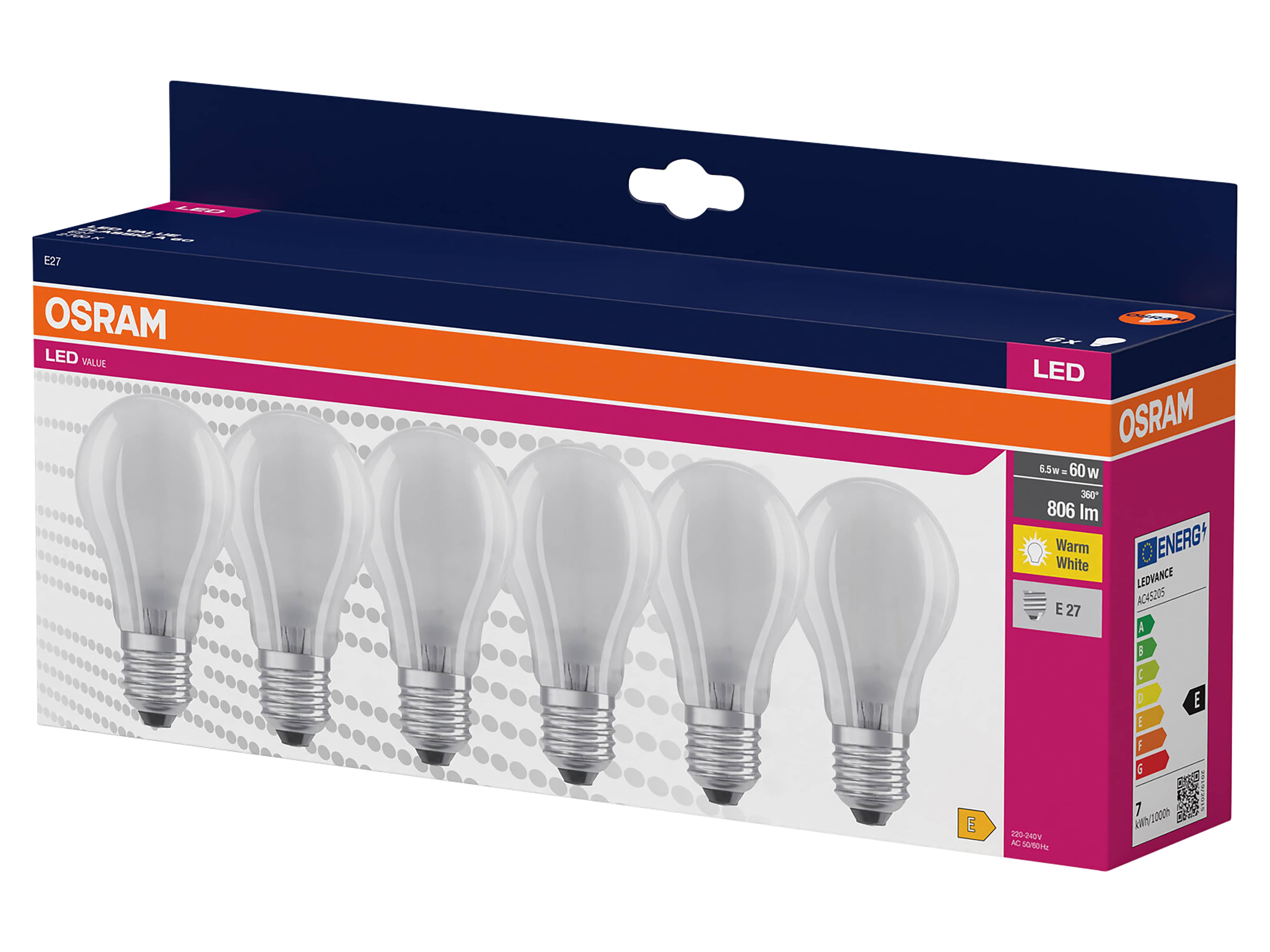 OSRAM LED-Lampe A60 matt, 6 Stück, E27, 6,5 W, 806 lm, 2700 K