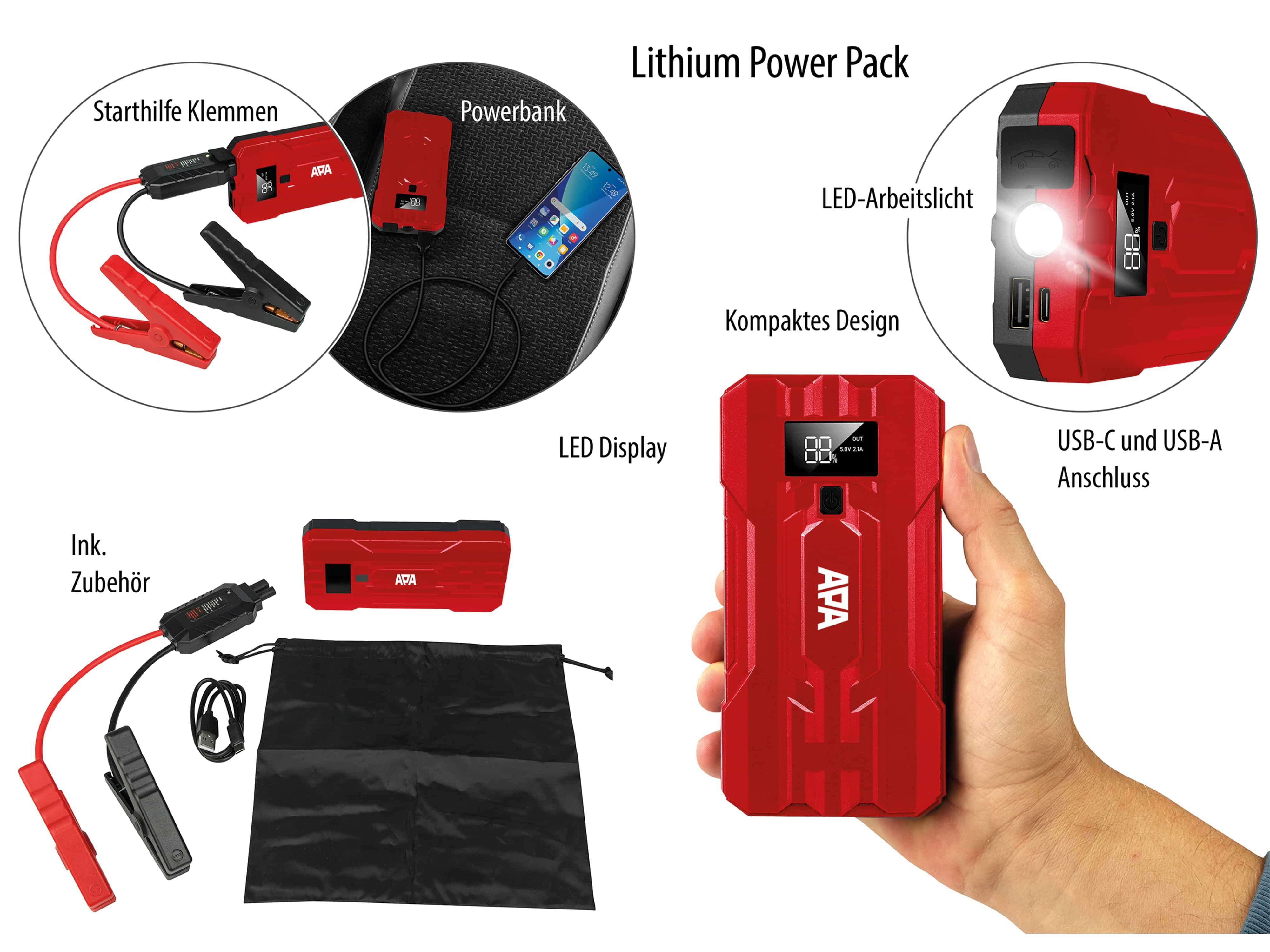 APA Lithium Powerpack 10.000 mAh, mit Starthilfe 16443