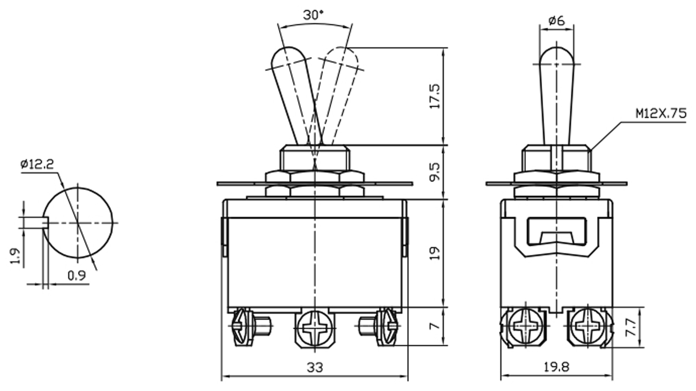 Kippschalter KN3(C)-203A, 2-polig, ON/OFF/ON