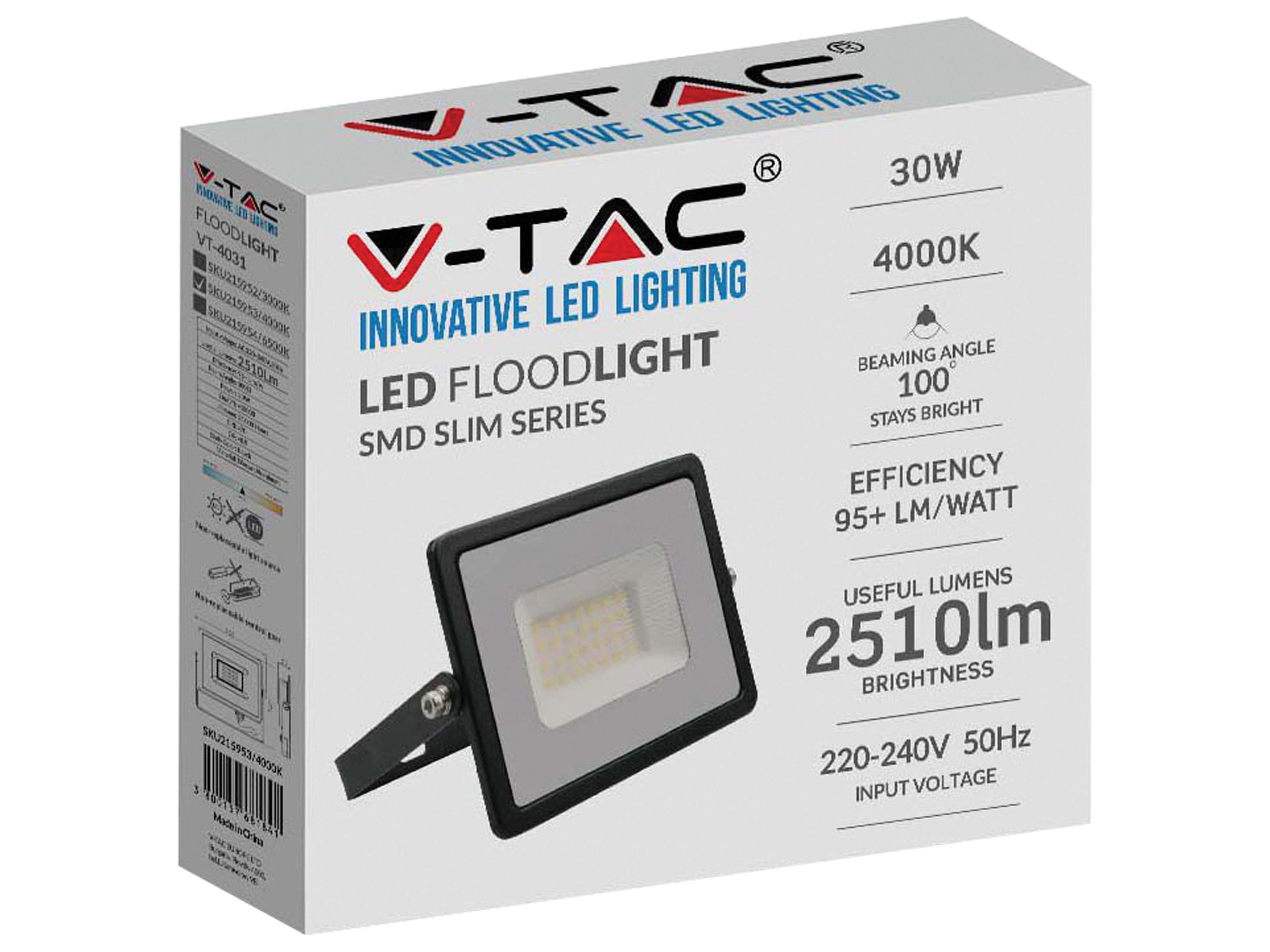 V-TAC LED-Fluter VT-4031, EEK: F, 30W, 2510lm, 4000K, schwarz