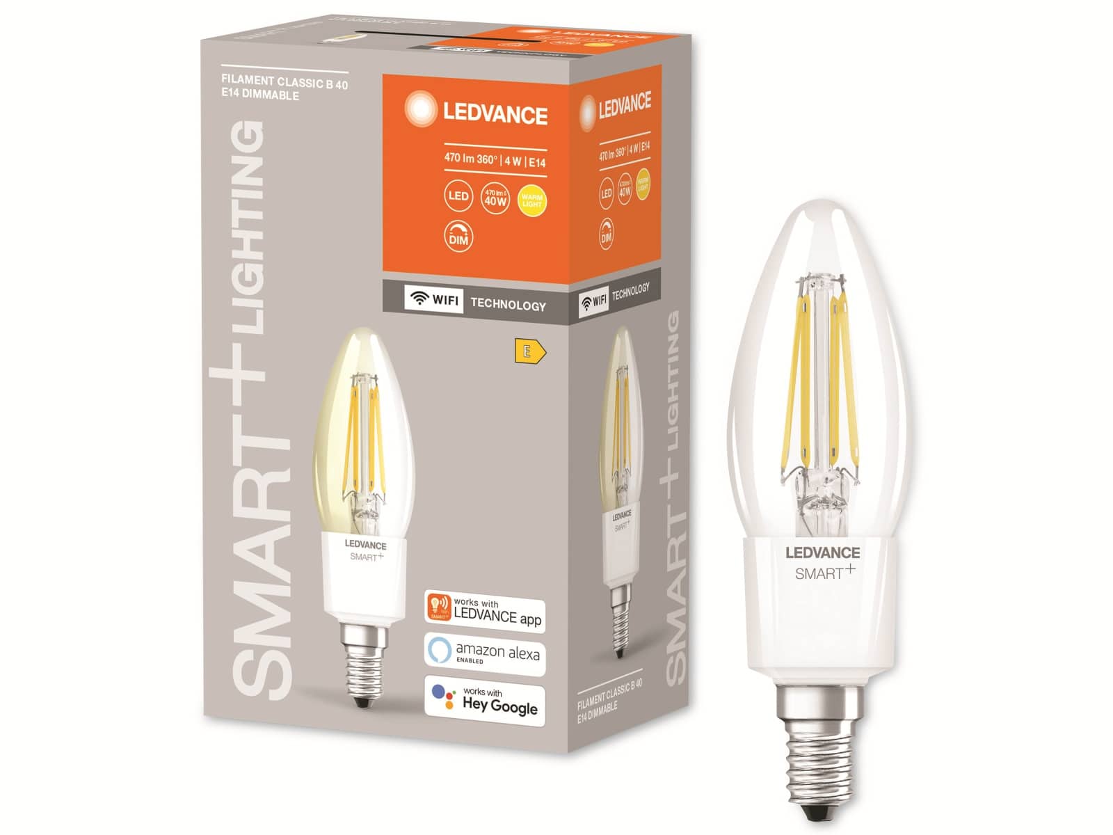 LEDVANCE LED-Filament-Lampe, CLB40D, E14, EEK: E, 4W, 470lm, 2700K, WiFi