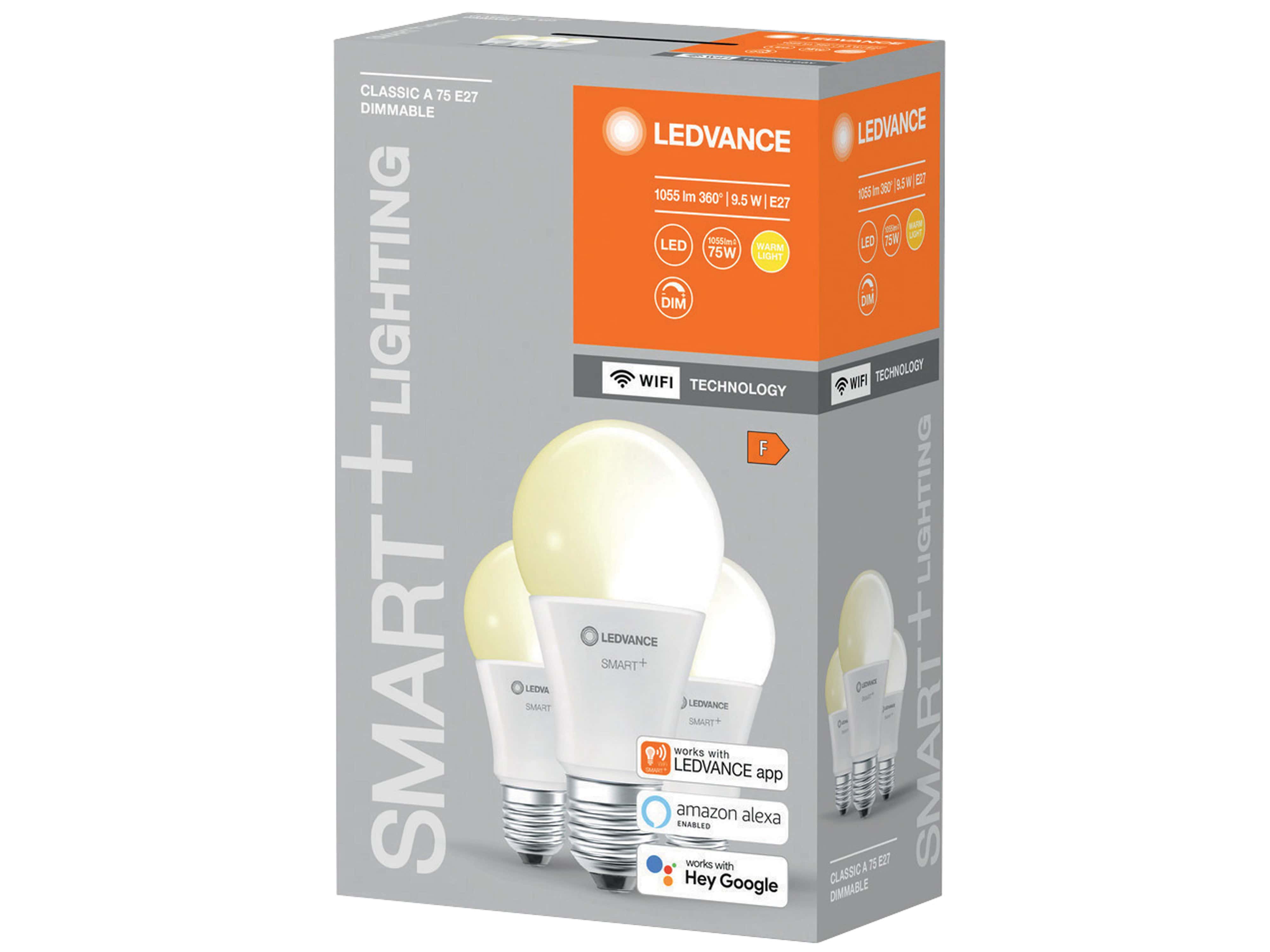 LEDVANCE LED-Lampe SMART+ WiFi Classic, A60, E27, EEK: F, 9,5 W, 1055 lm, 2700 K, Smart, 3 Stück