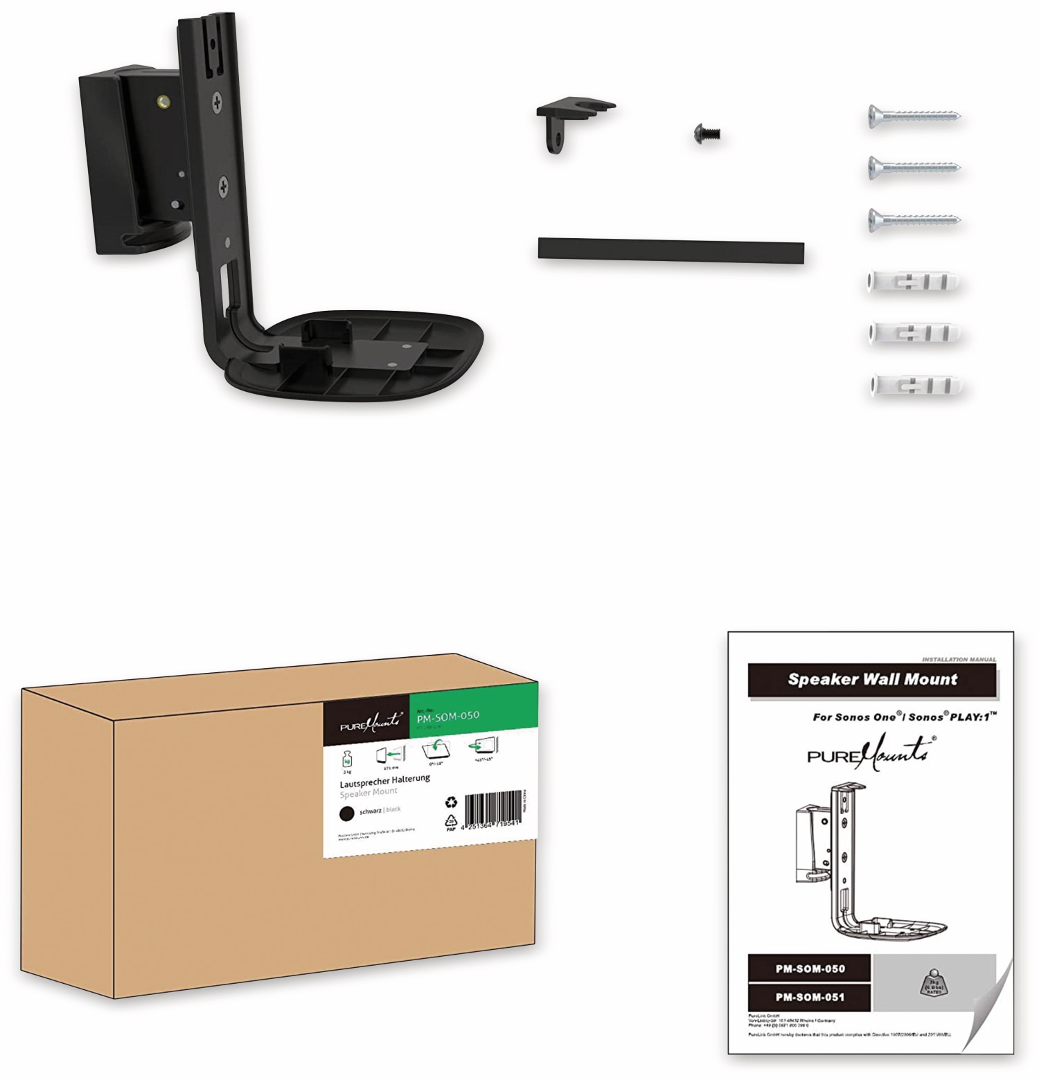 Puremounts Lautsprecher-Wandhalterung PM-SOM-050 für Sonos One, schwarz