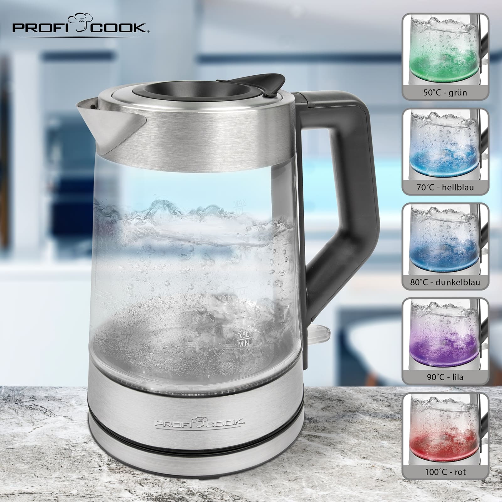 PROFI COOK Wasserkocher PC-WKS 1190 G inox LED, 1,7 L, 2200 W, Glas