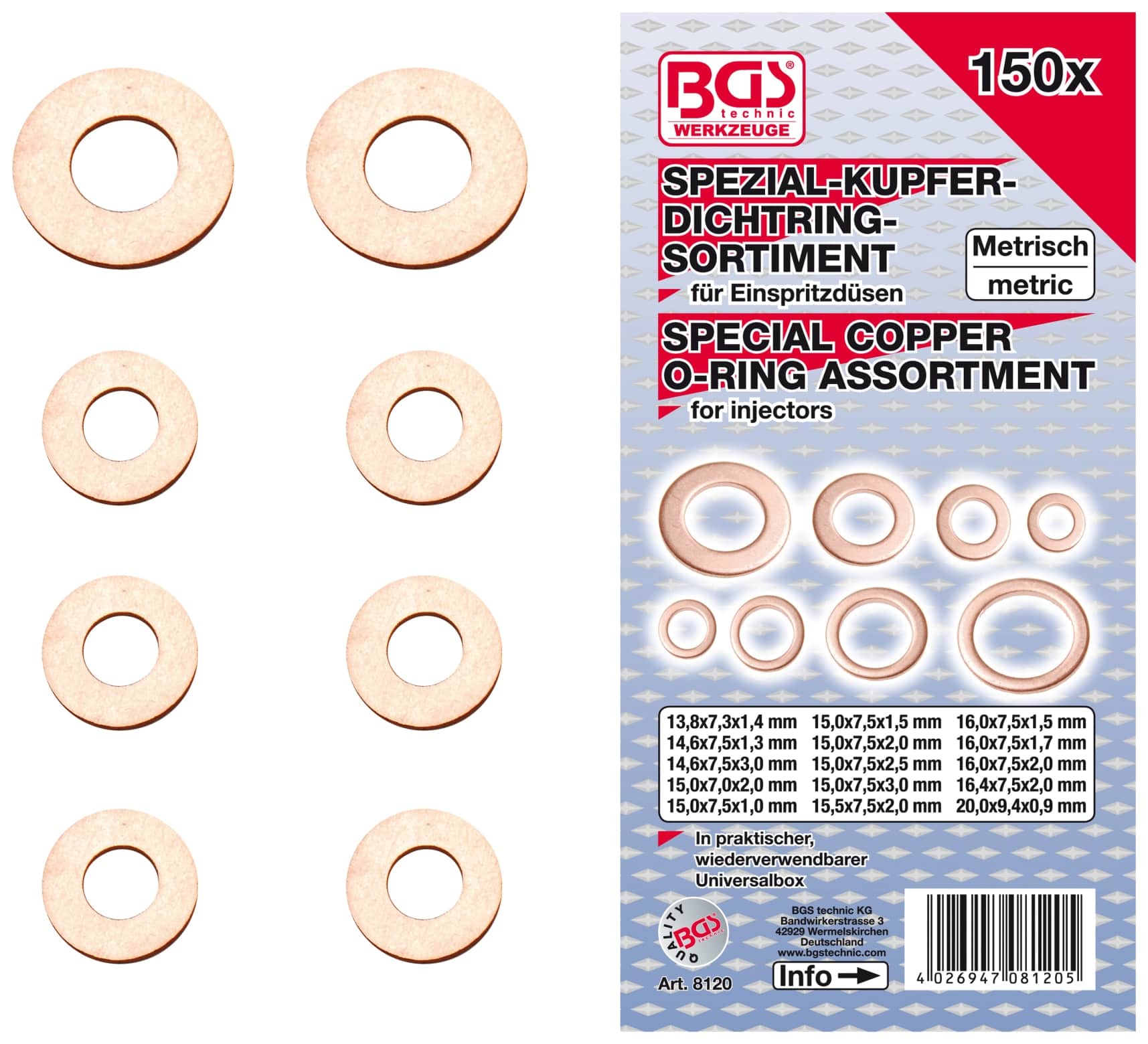 BGS TECHNIC Sort. Kupferdichtring, 8120, für Einspritzdüsen, 150-tlg