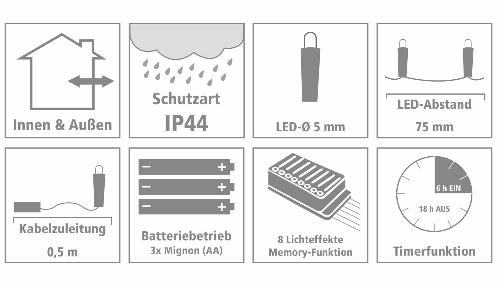 LED-Lichterkette, 96 LEDs, kaltweiß, Batteriebetrieb, IP44, Timer