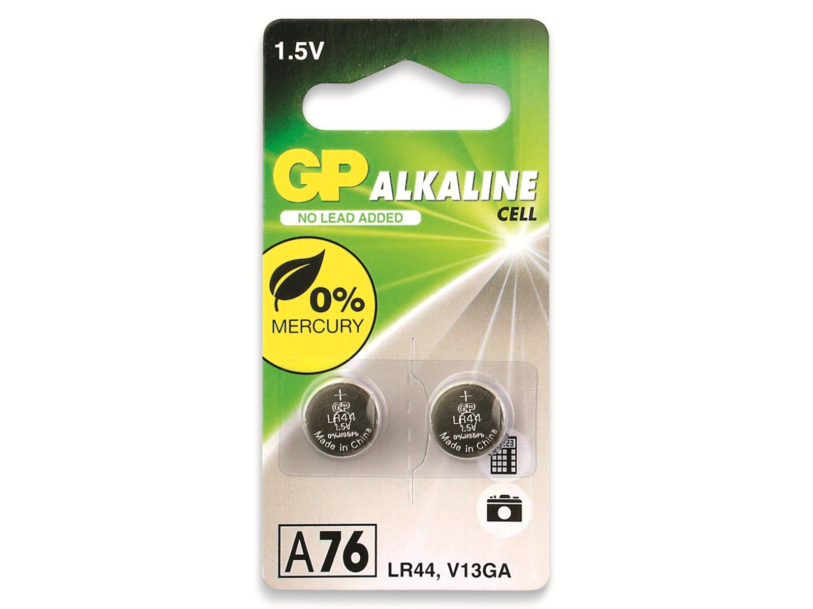 GP Knopfzelle LR44, Alkaline, 1,5 V-, 2 Stück