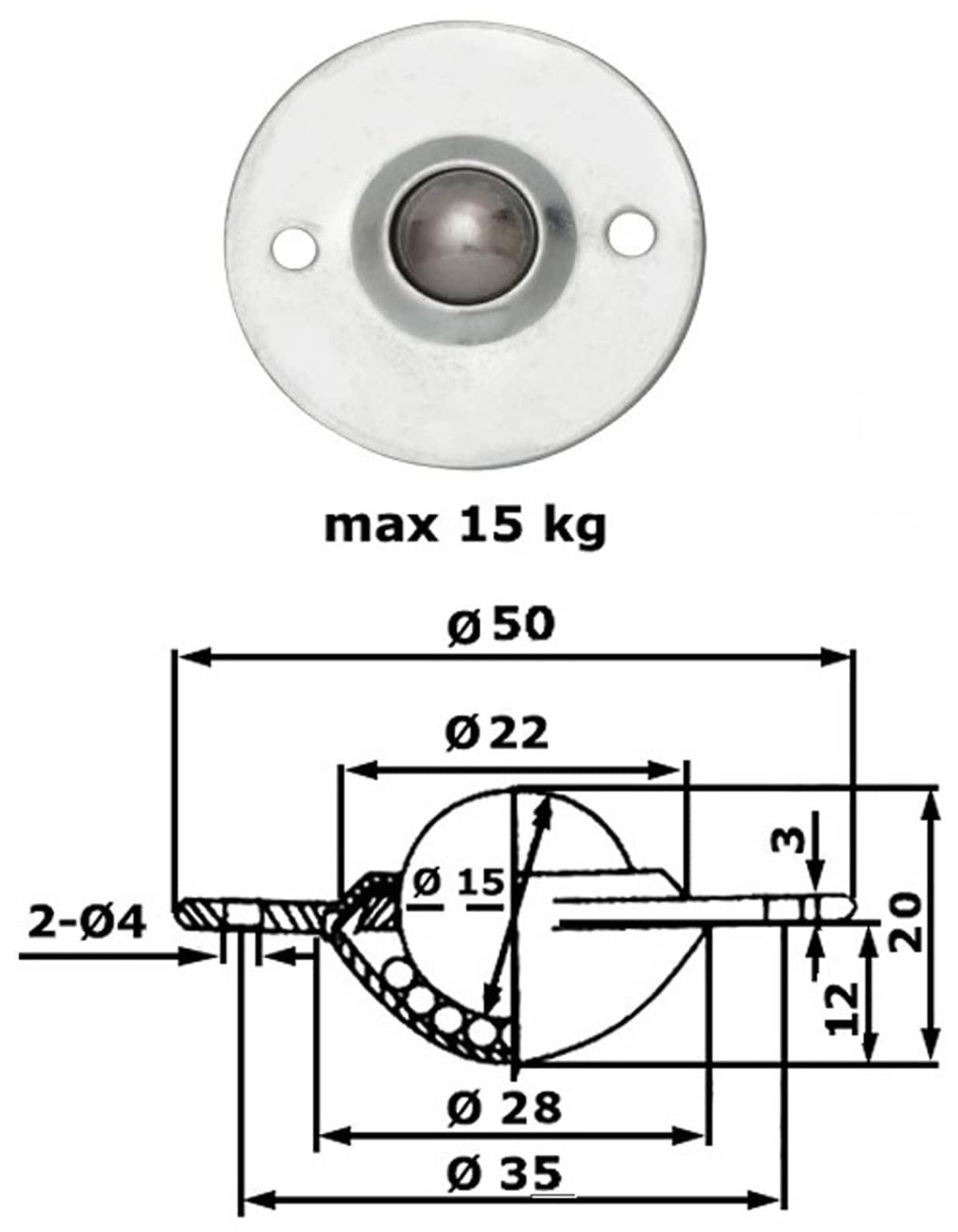 Kugelrolle, 50x20 mm, 15 kg, Stahl