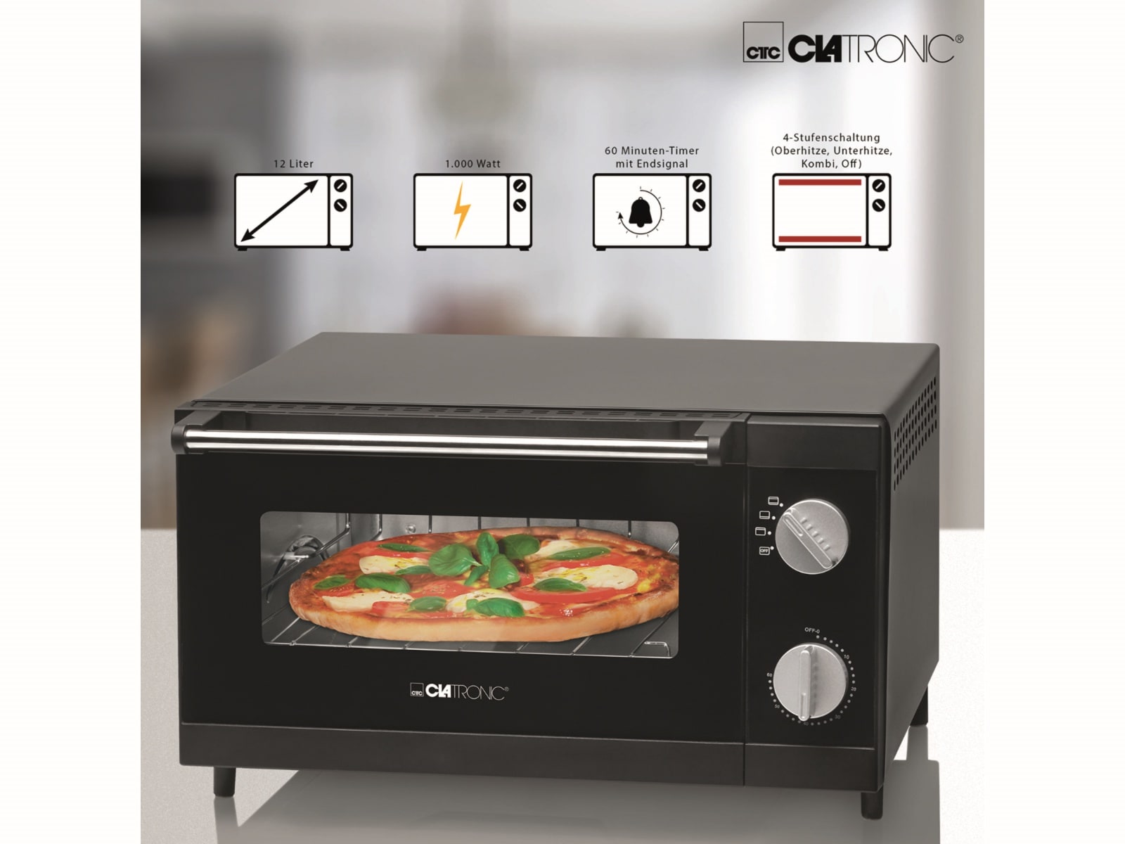 CLATRONIC Multi Pizza-Ofen MPO 3520, 12 L, 1000 W, schwarz