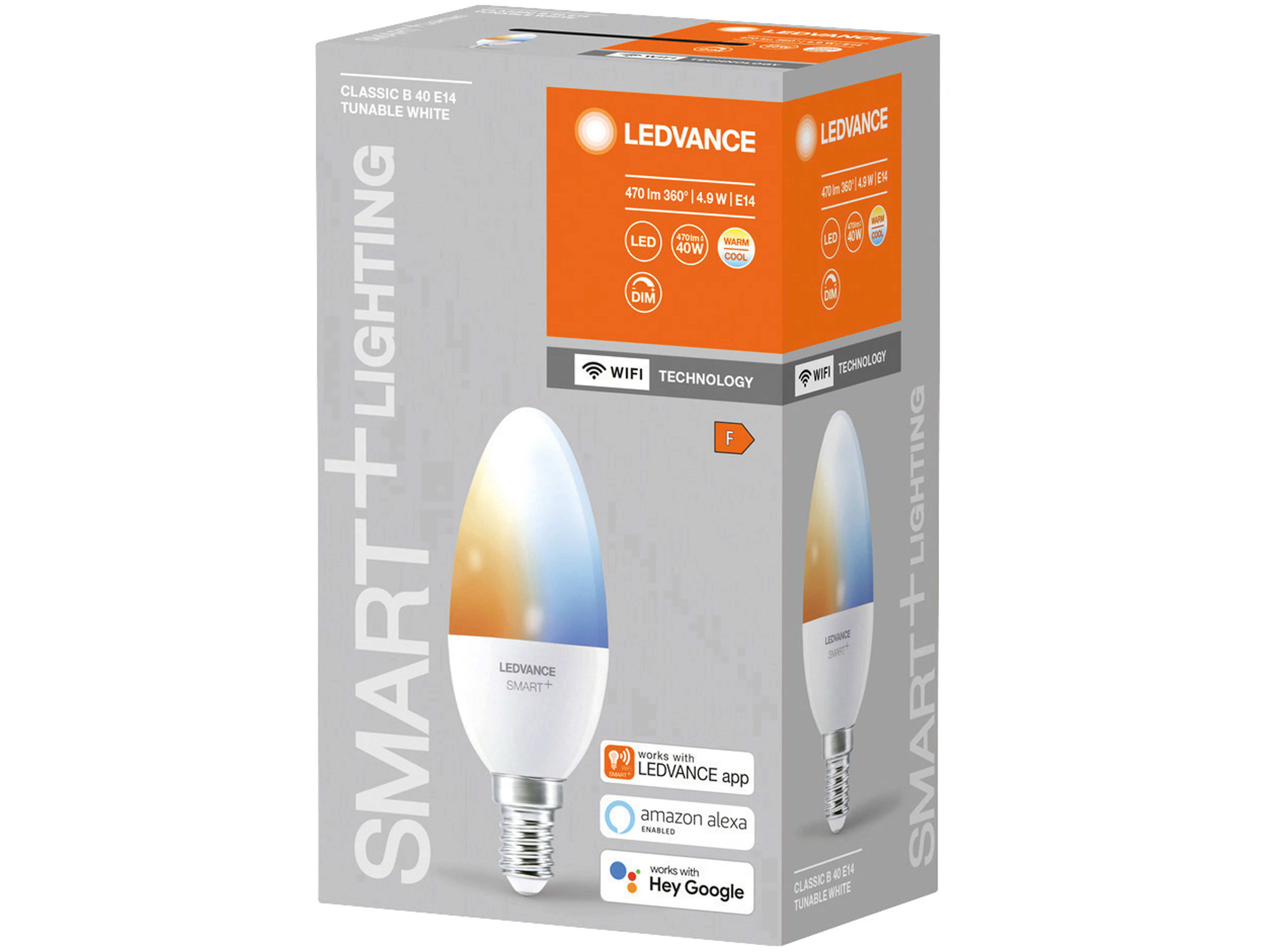 LEDVANCE LED-Lampe SMART+ WiFi Candle, B40, E14, EEK: F, 4,9 W, 470 lm, 2700…6500 K, Smart