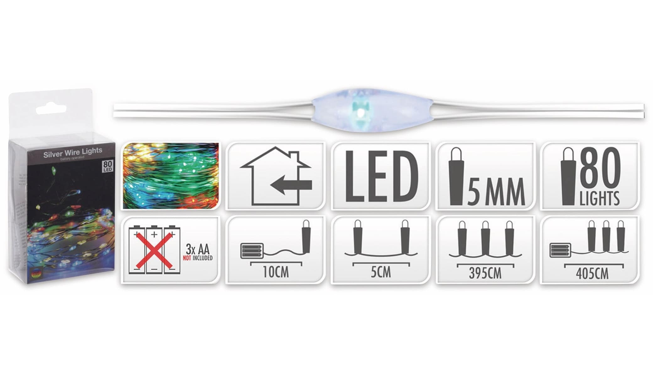 LED-Lichterkette, Silberdraht, 80 LEDs, bunt, Batteriebetrieb
