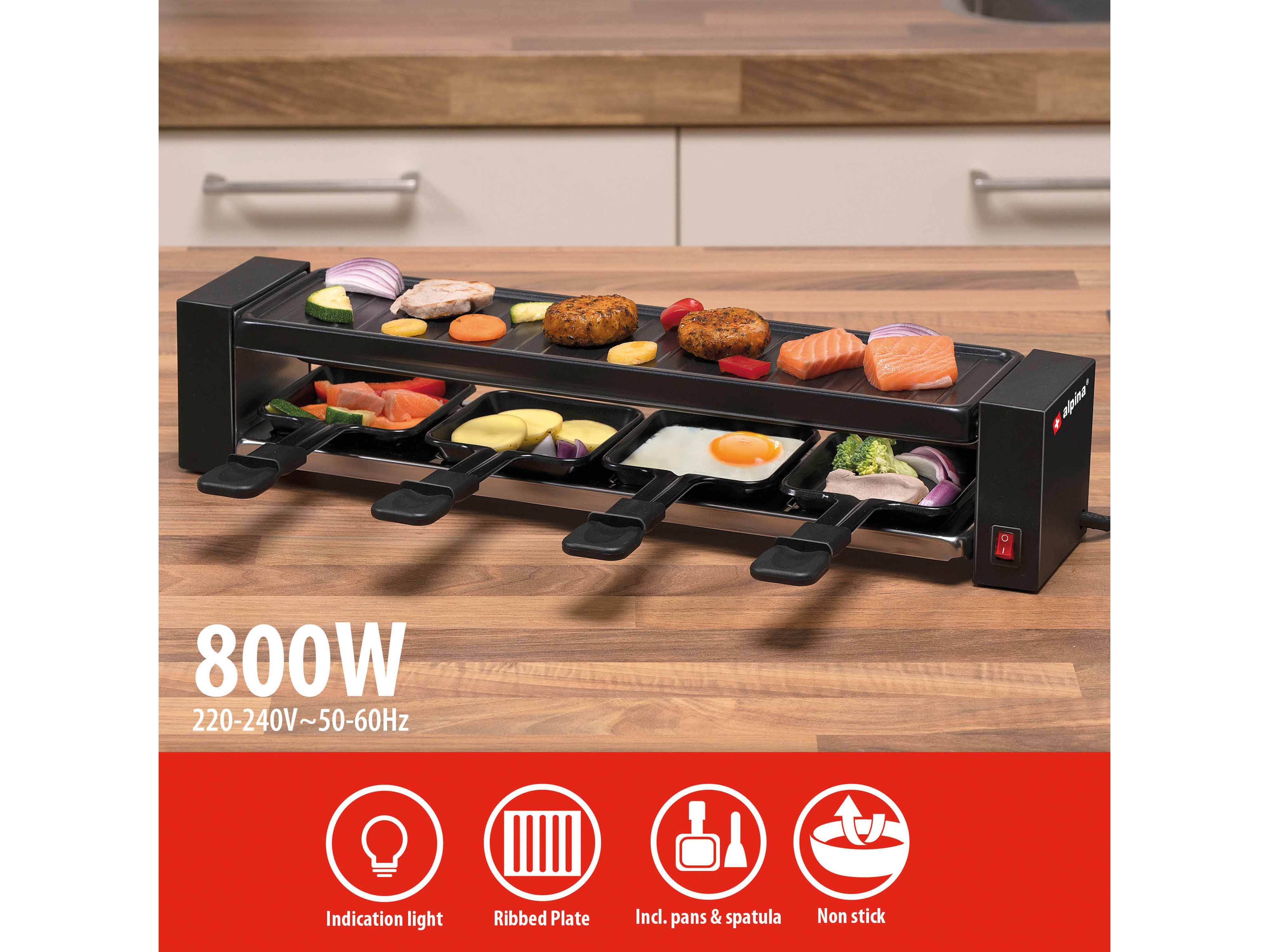 ALPINA Raclette, 800 W, 4 Pfannen