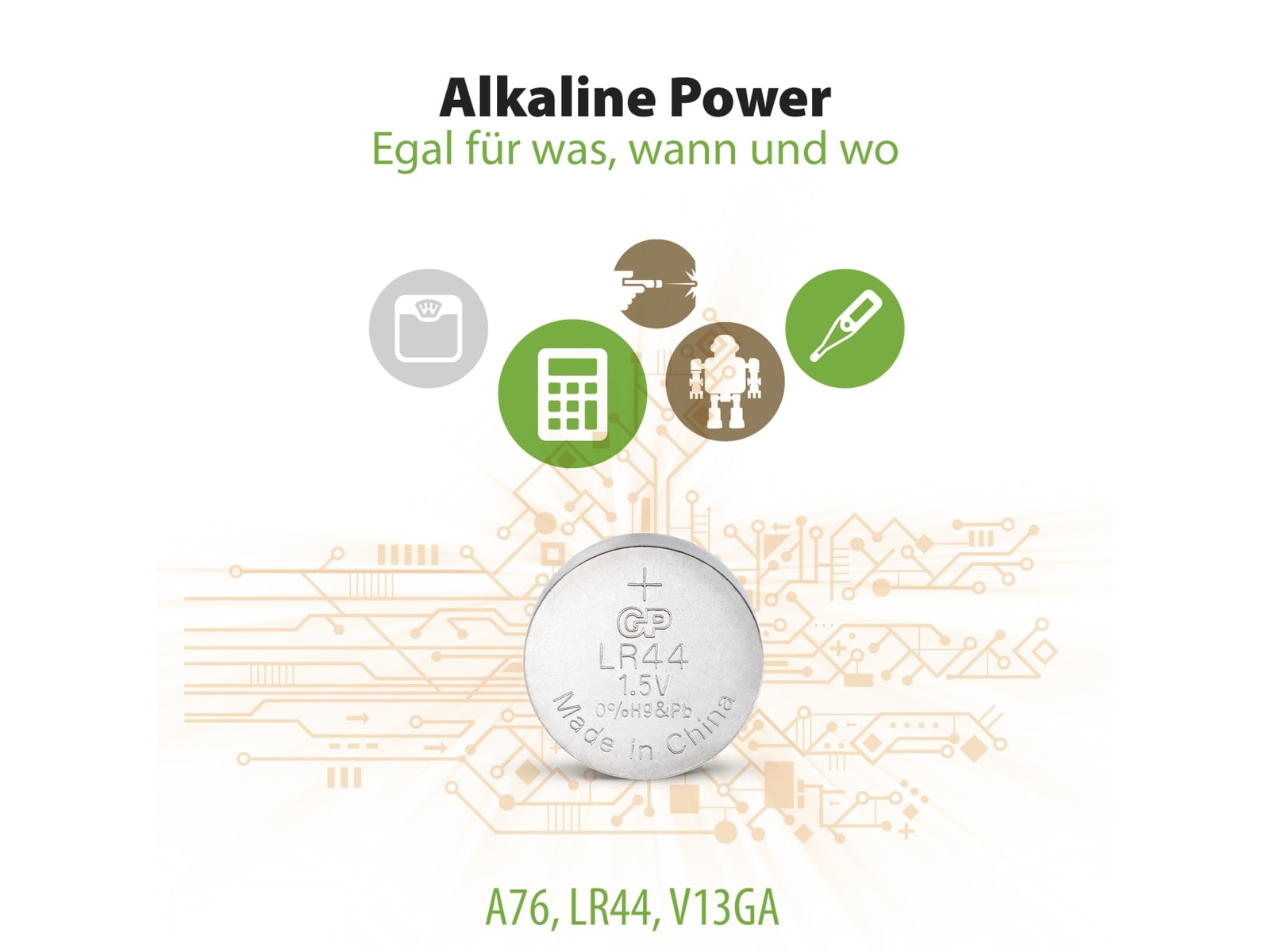 GP Knopfzelle LR44, Alkaline, 1,5 V-, 2 Stück