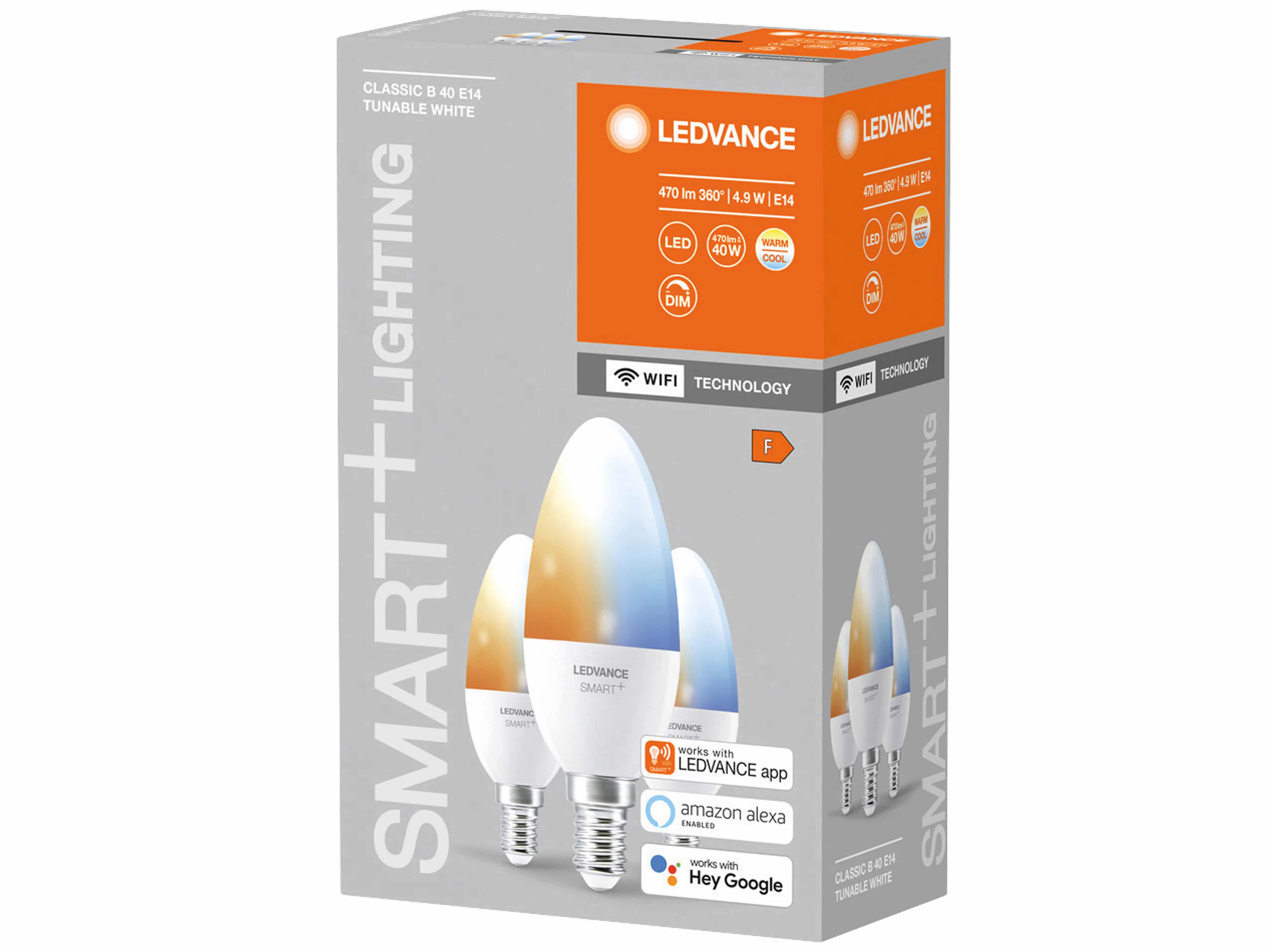 LEDVANCE LED-Lampe SMART+ WiFi Candle, B40, E14, EEK: F, 4,9 W, 470 lm, 2700…6500 K, Smart, 3 Stück