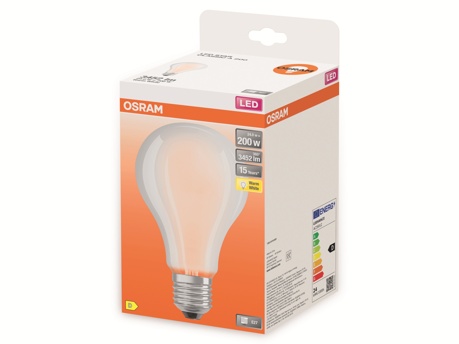 OSRAM LED-Lampe, CLA200, E27, EEK: D, 24W, 3452lm, 2700K