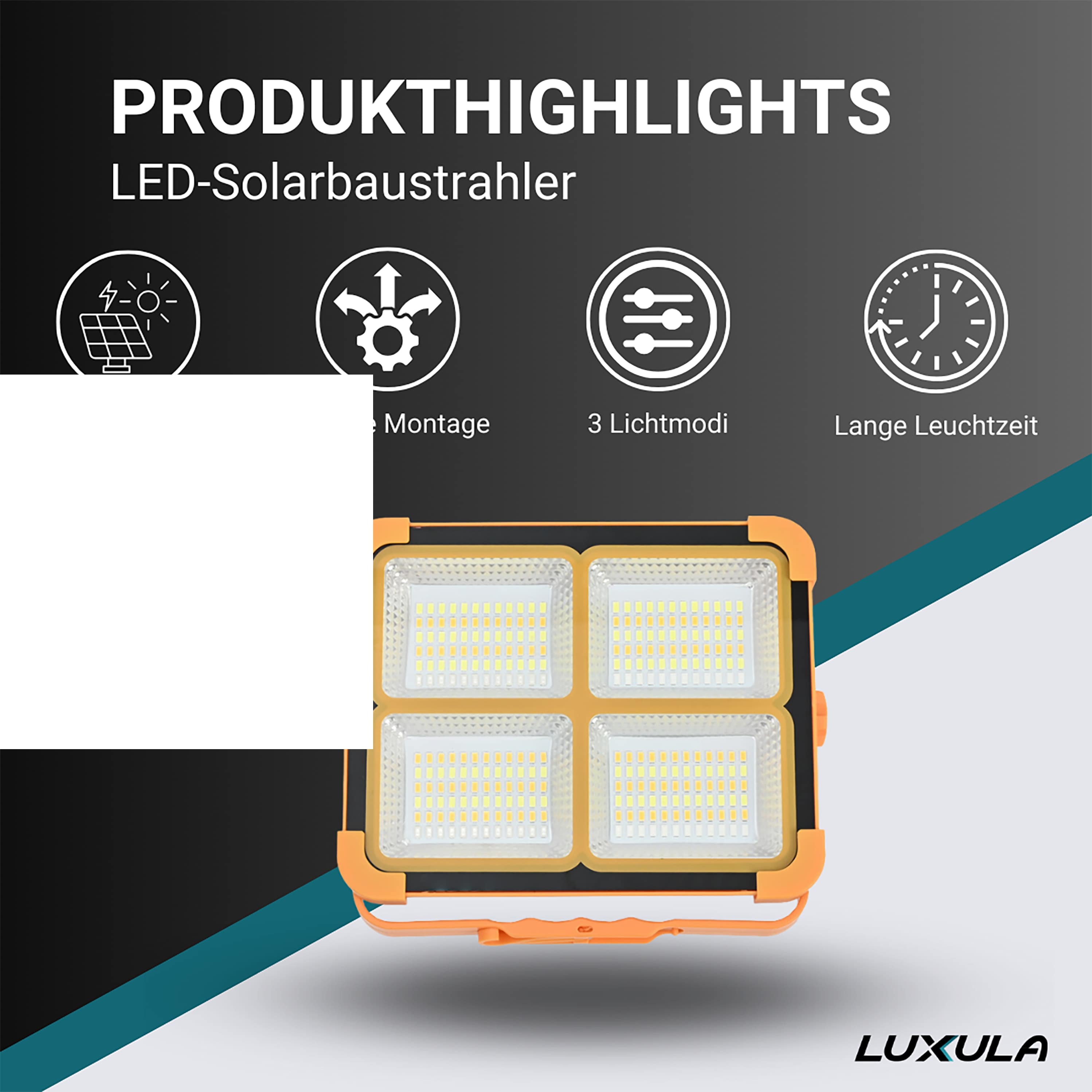 LUXULA Solar-Led-Baustrahler LXSO400110, Akku, CCT, IP65, Magnet-und Hängefuntion