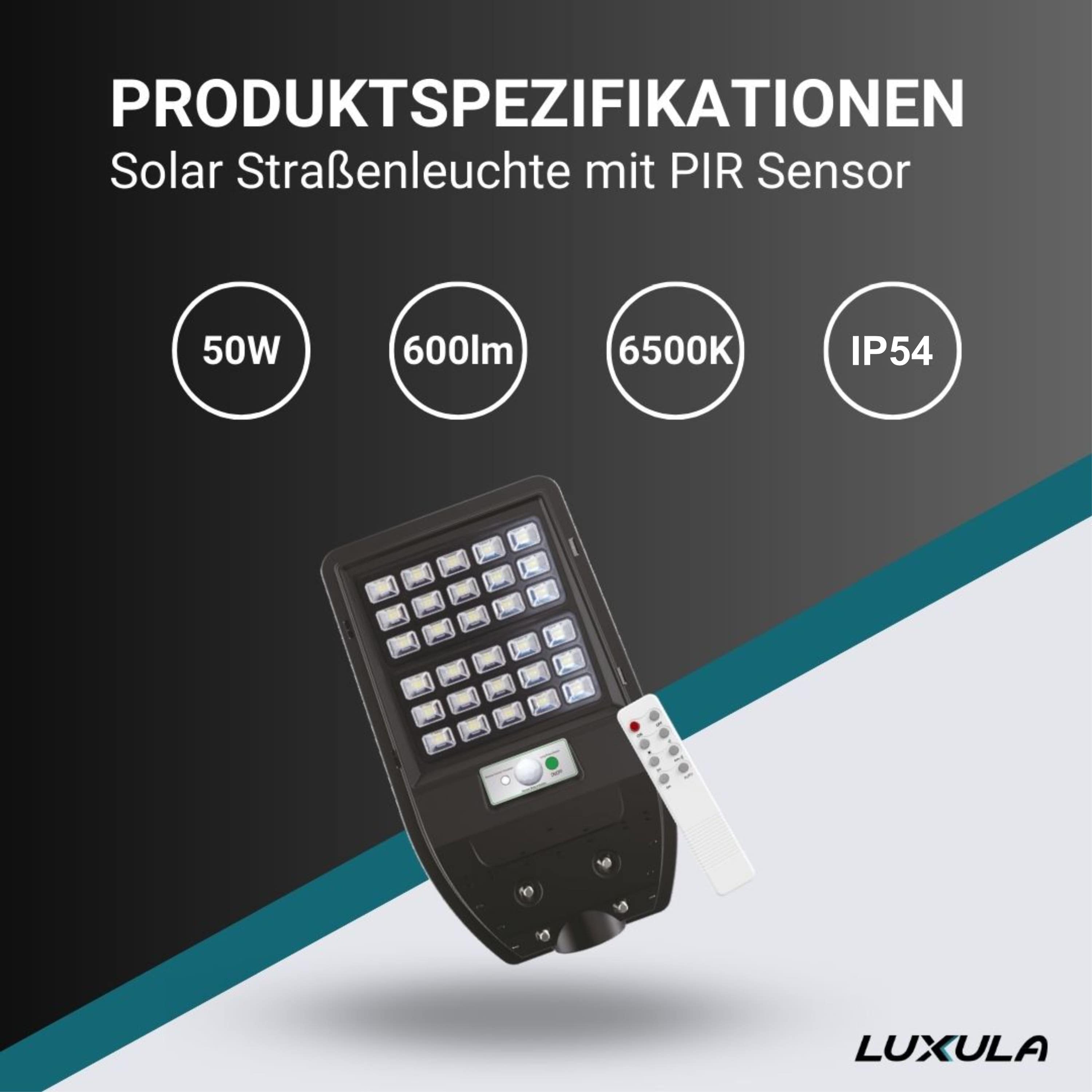 LUXULA Solar-Straßenleuchte, 50 W, 600 lm, mit PIR Sensor