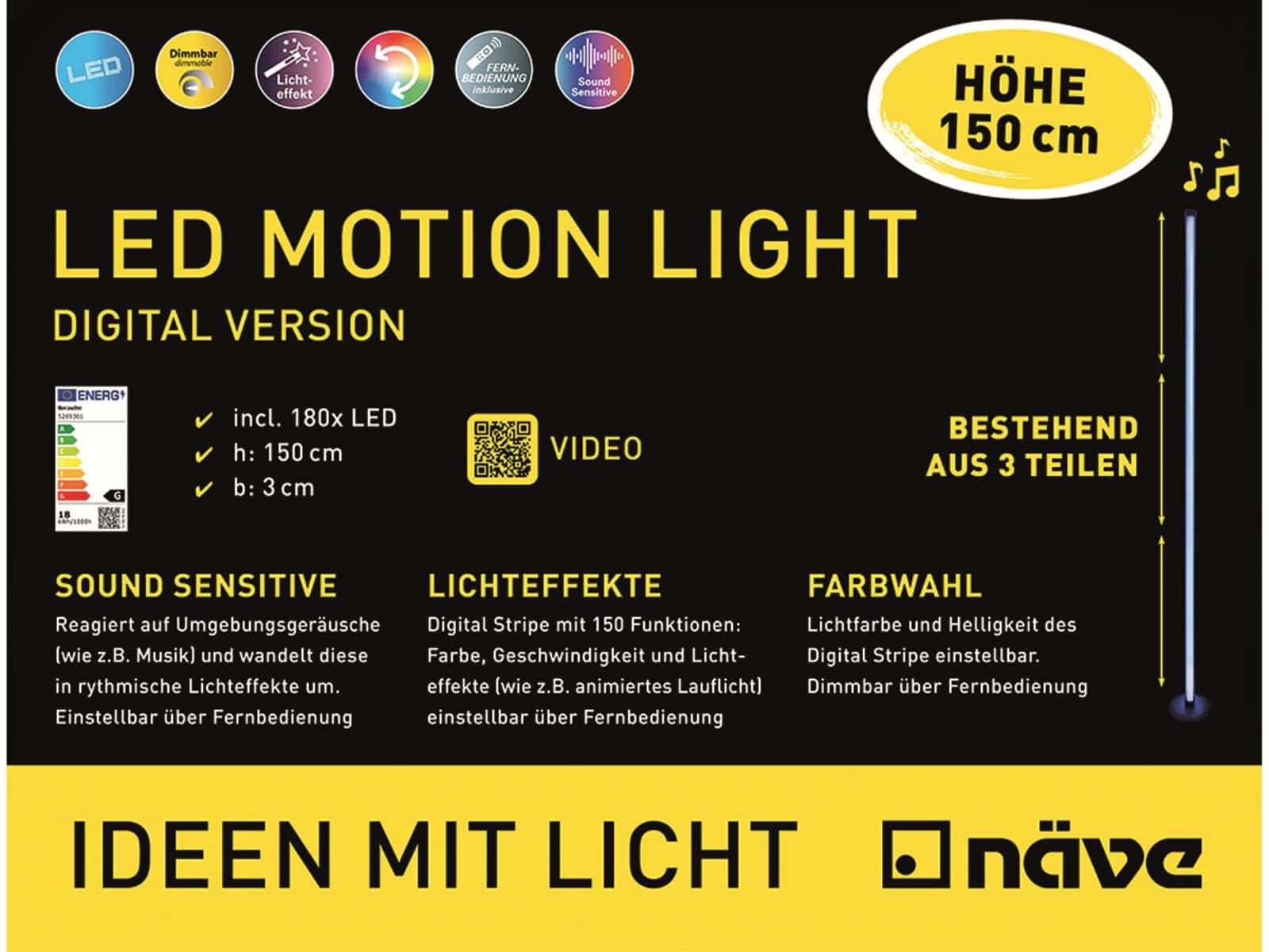 NÄVE LED-Digital-Deko Stehleuchte "Motion Light", RGB/WW, 18 W, 1298 lm, 150 CM, inkl. Fernbedienung