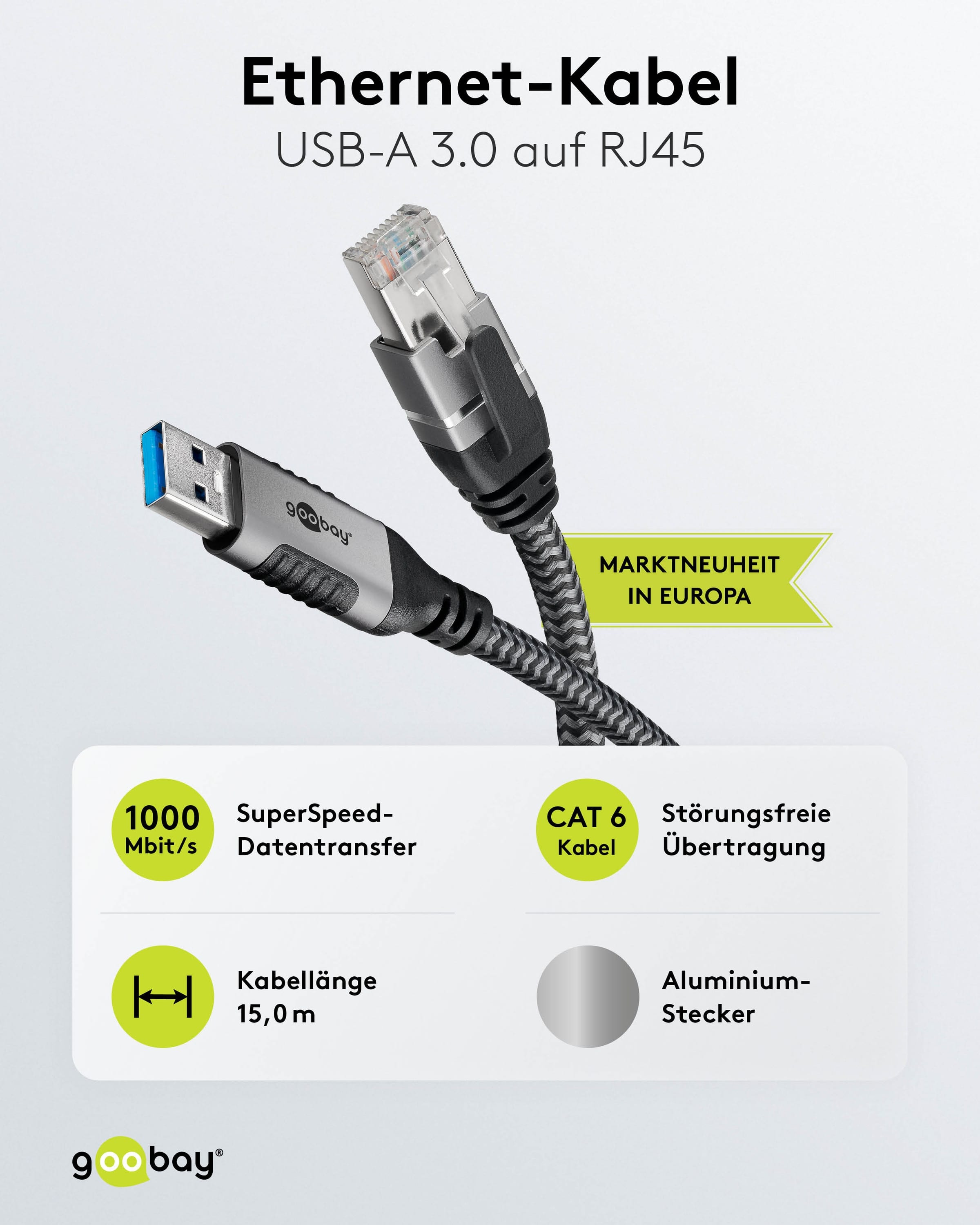 GOOBAY Ethernet-Kabel CAT6 USB-A 3.0 auf RJ45 15m