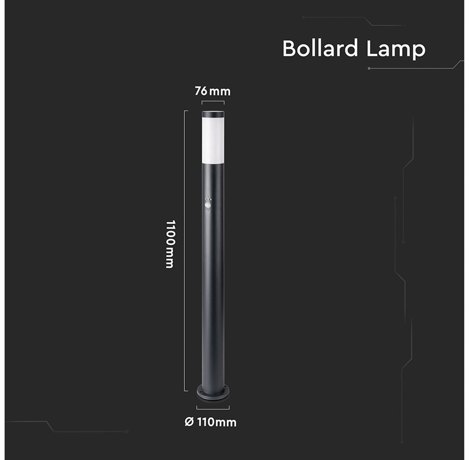 V-TAC Poller-Außenleuchte VT-838, IP44, E27, PIR-Sensor, Edelstahl, 1100mm, VT-8983, schwarz