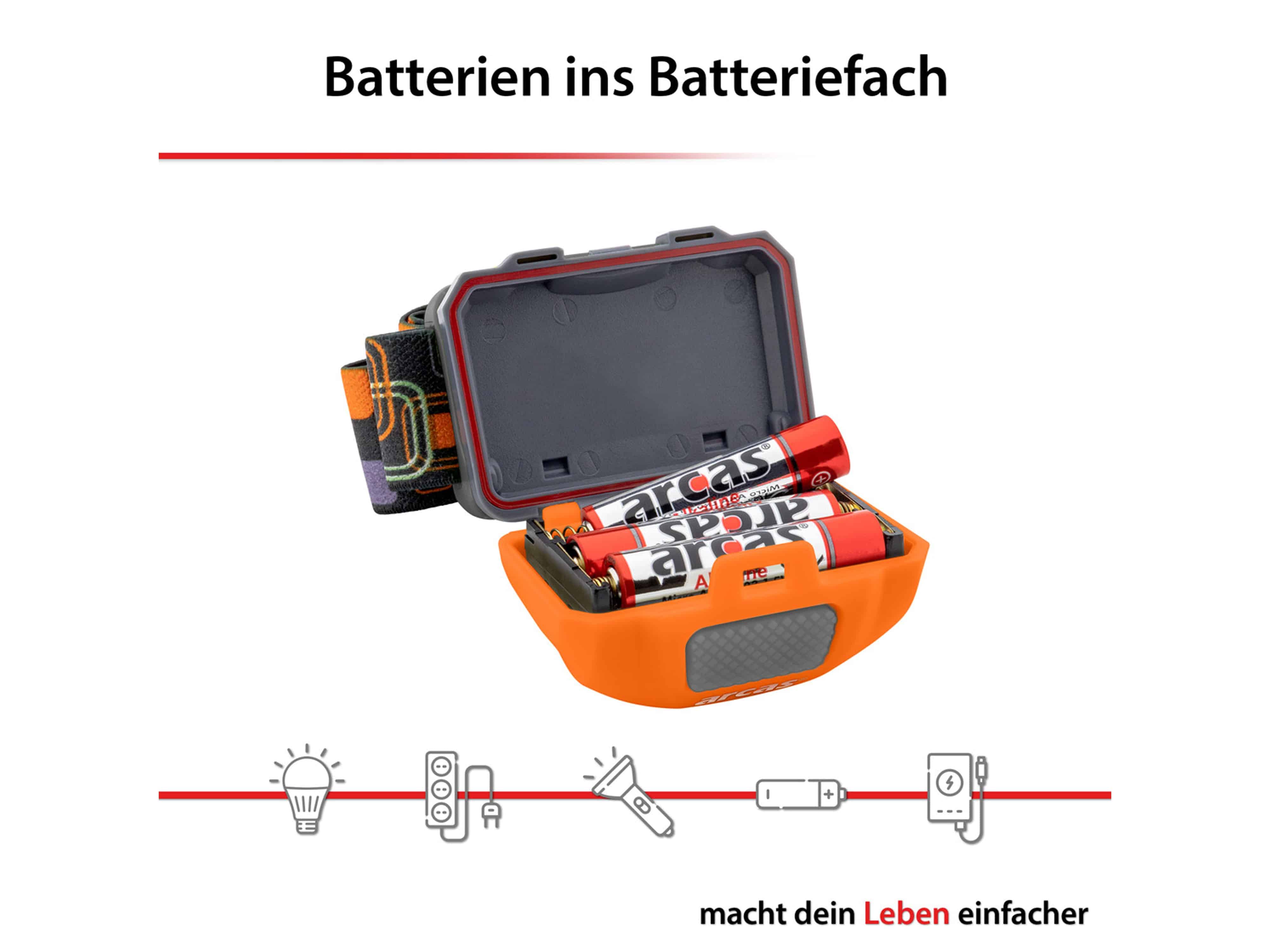 ARCAS LED-Stirnlampe, COB, 3 W, 120 lm, 4 Funktionen, inkl. Batterien