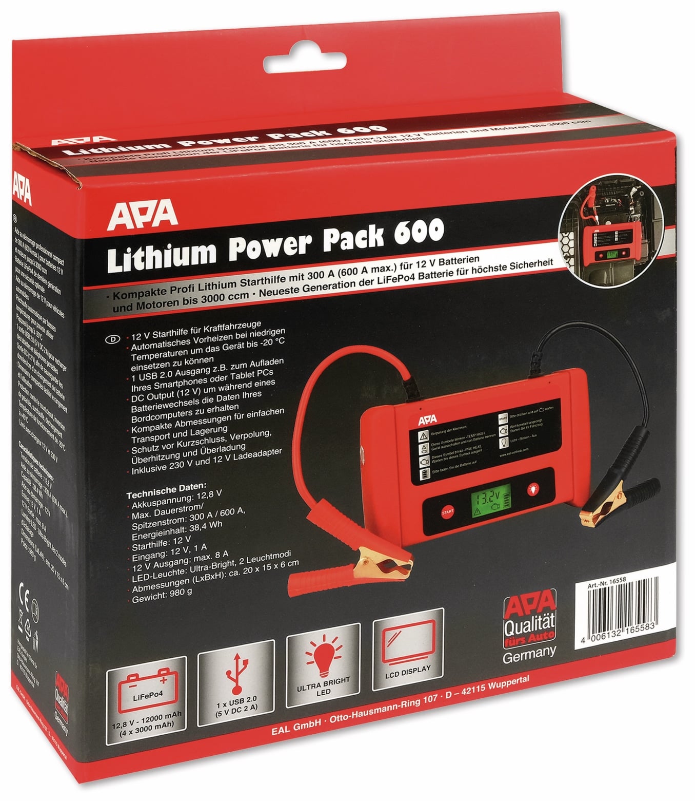APA Starthilfegerät 16558, 12 V, 600 A, Lithium Powerpack