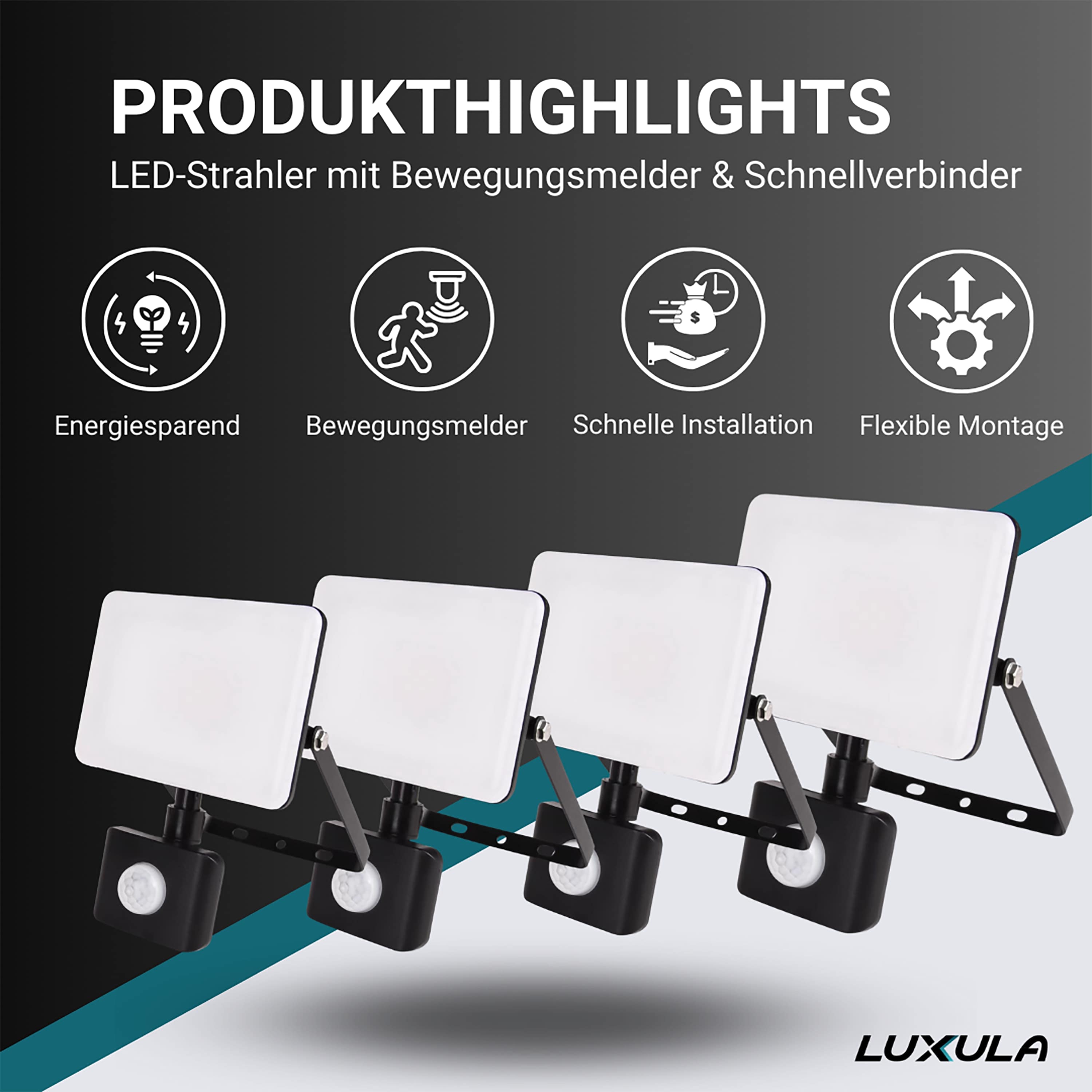 LUXULA LED-Fluter mit Bewegungsmelder, EEK: F, 30W, 3000lm, 4000K, schwarz