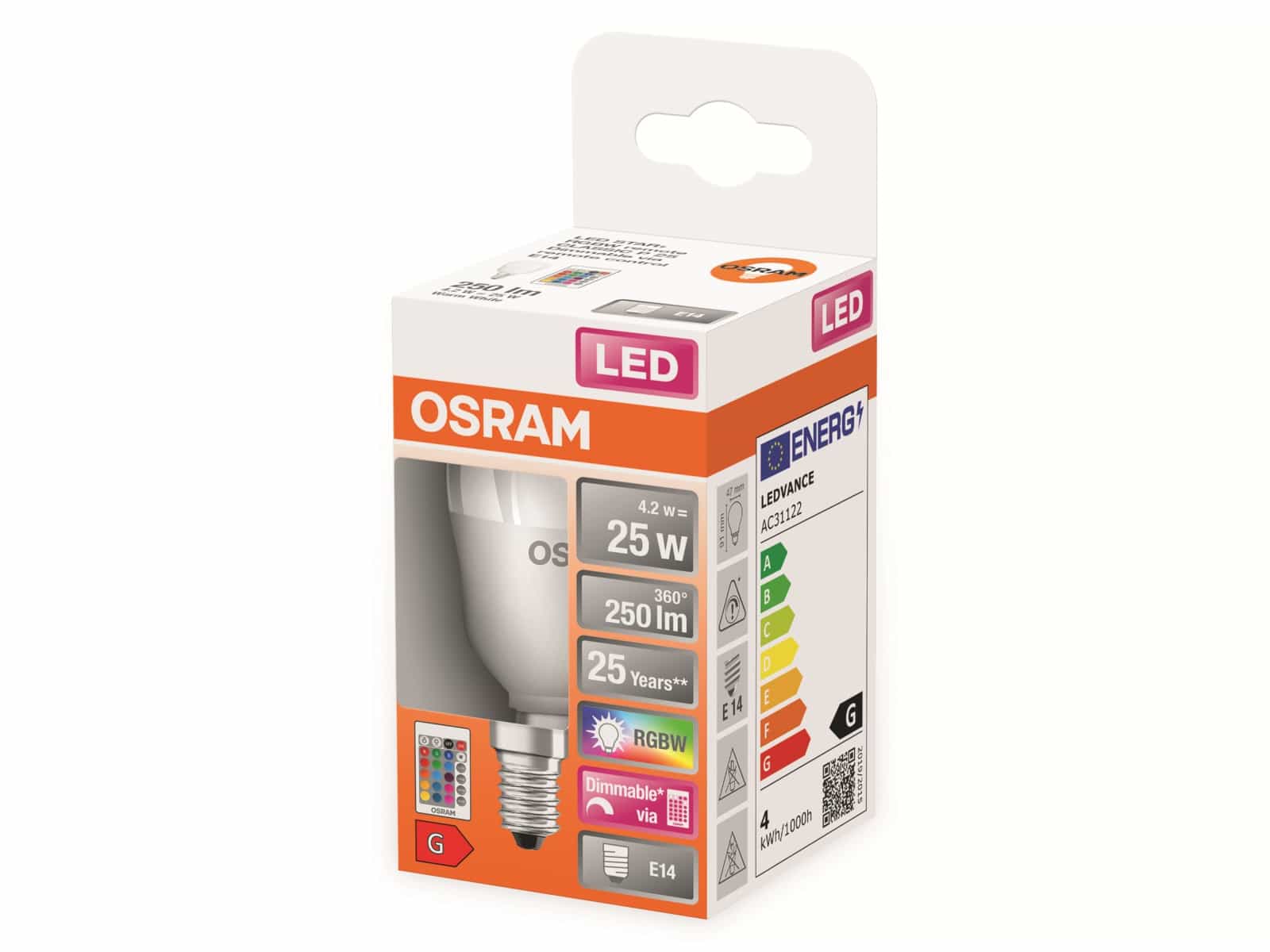 OSRAM LED-Lampe P25 mit Fernbedienung, E14, EEK: G, 4,2 W, 250 lm, 2700 K