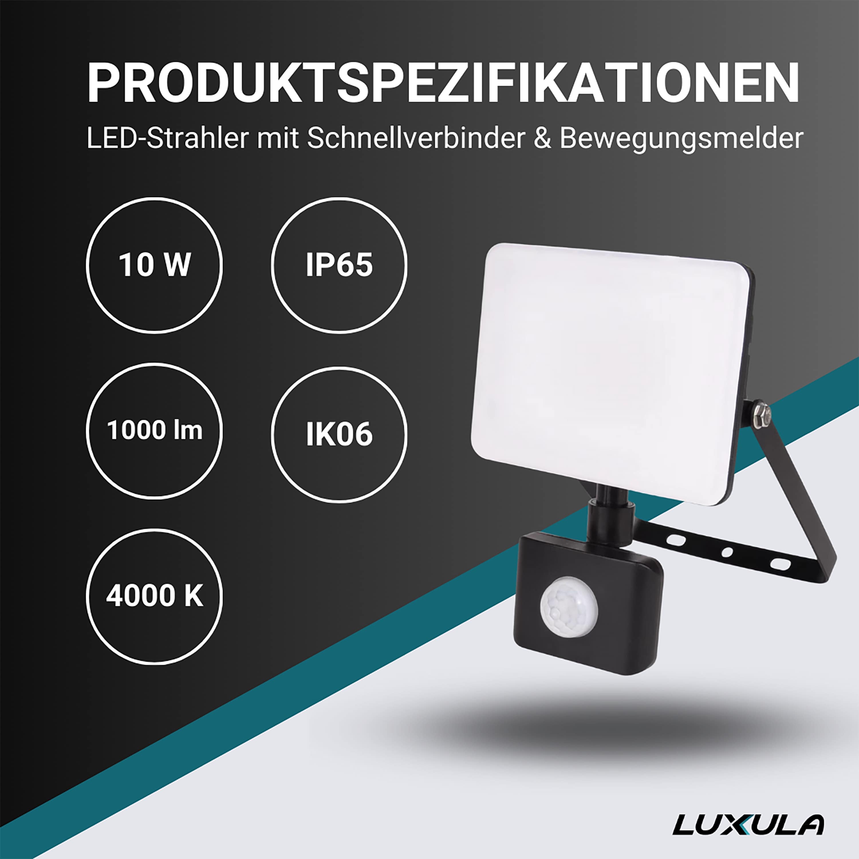 LUXULA LED-Fluter mit Bewegungsmelder, EEK: F, 10W, 1000lm, 4000K, schwarz