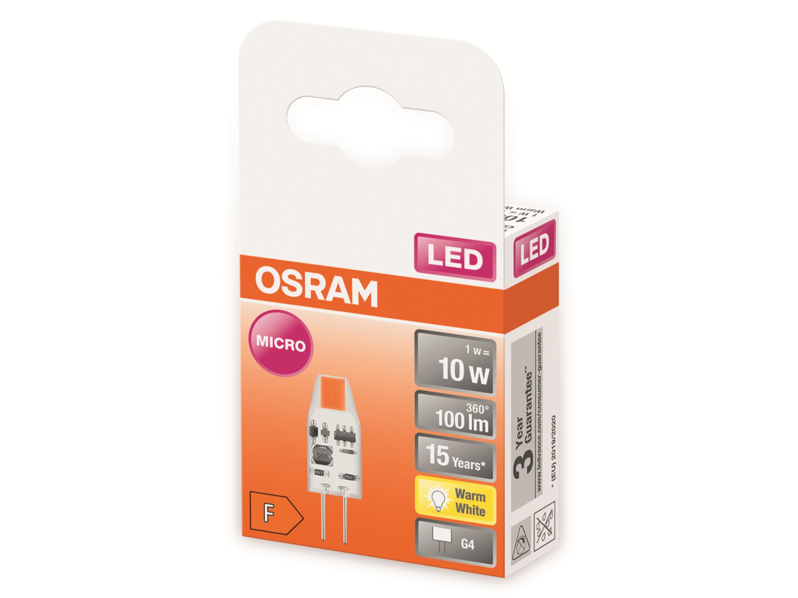 OSRAM LED-Lampe, CL10, MICRO, G4, EEK: F, 1W, 100lm, 2700K