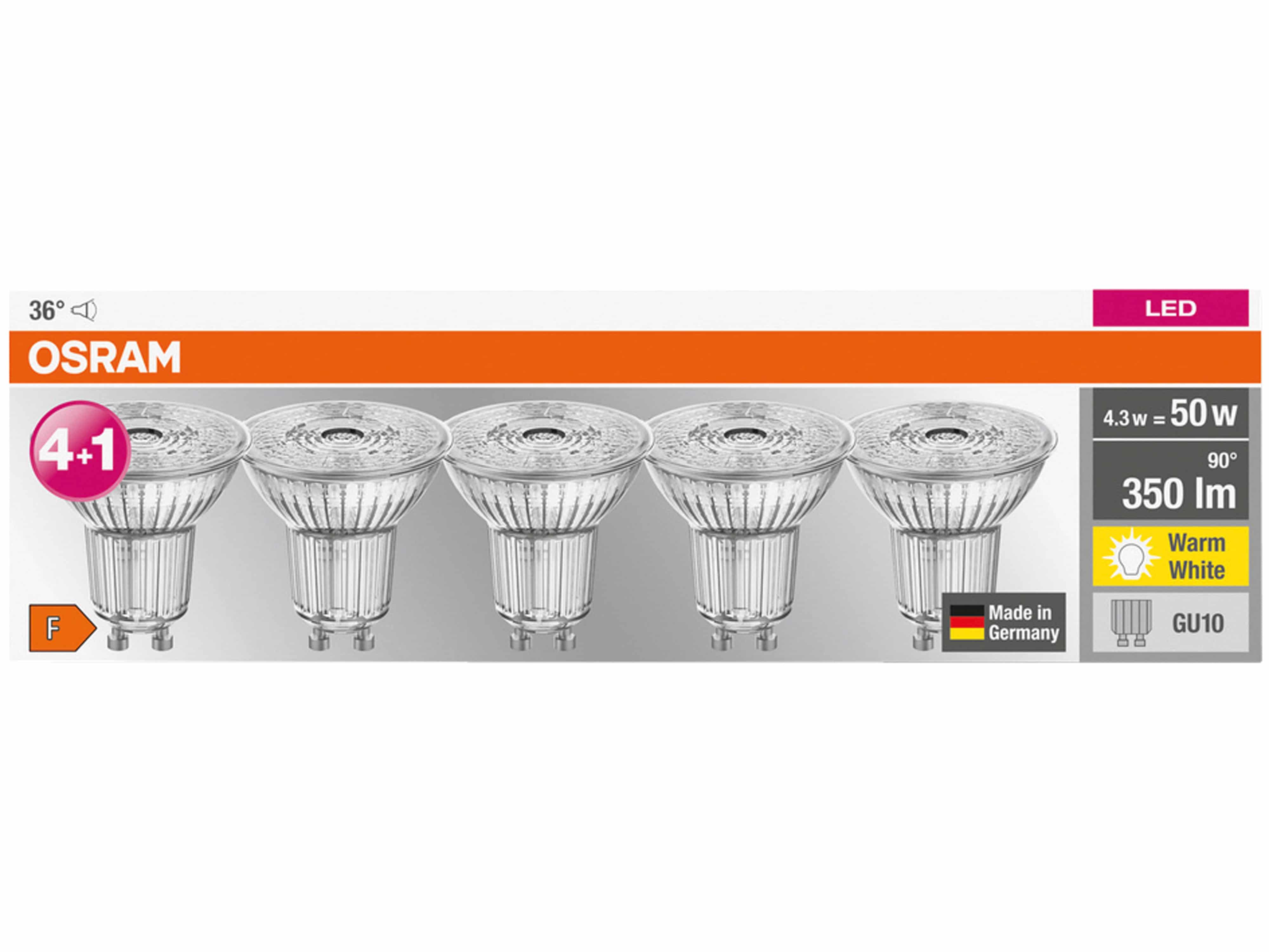 OSRAM LED-Reflektorlampe Star, PAR16, GU10, EEK: F, 4,3 W, 350 lm, 2700 K, 5 Stück