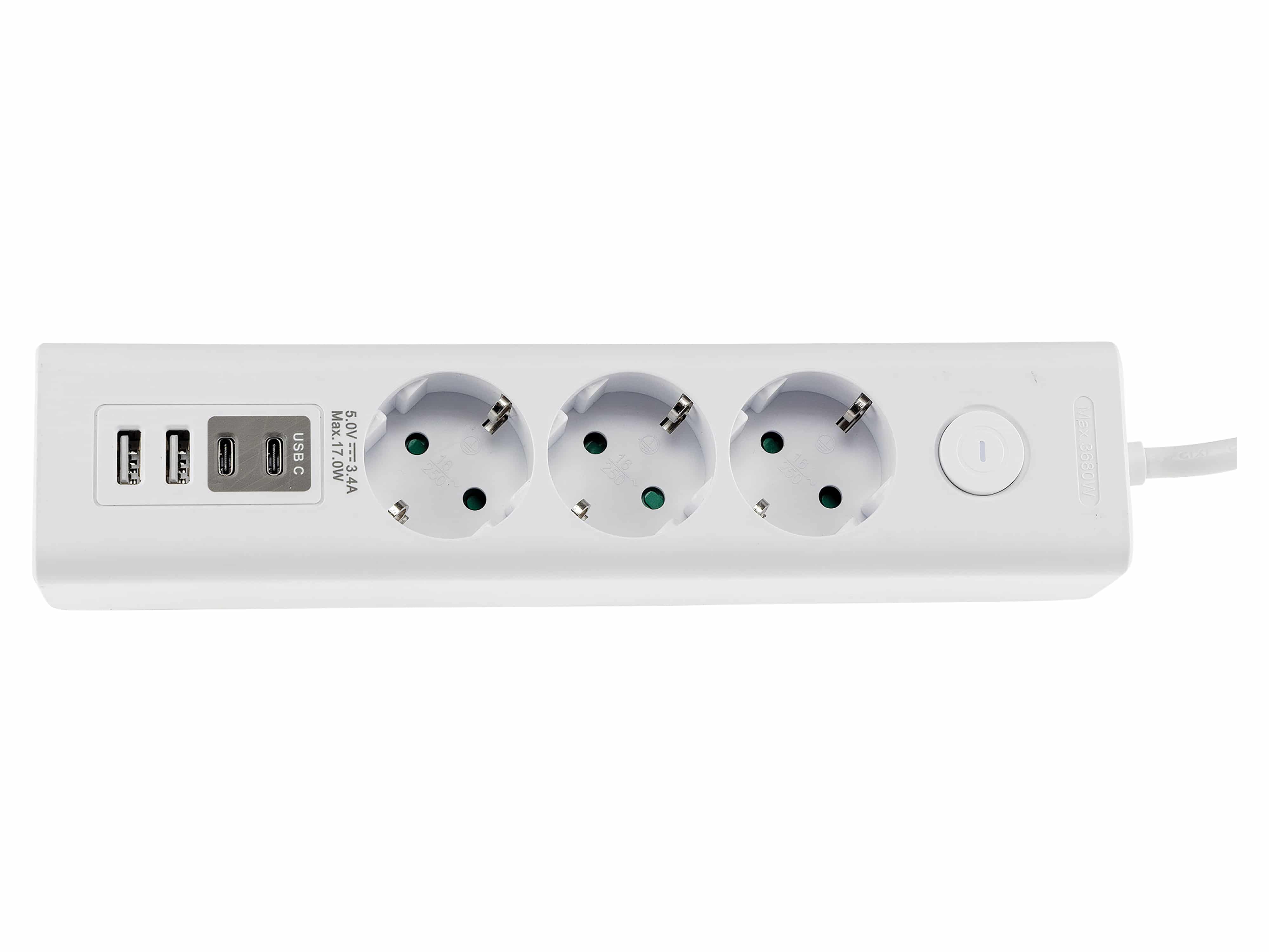 CHILITEC Steckdosenleiste, 3-fach, USB-A+C, 1,5 m Zuleitung, weiß