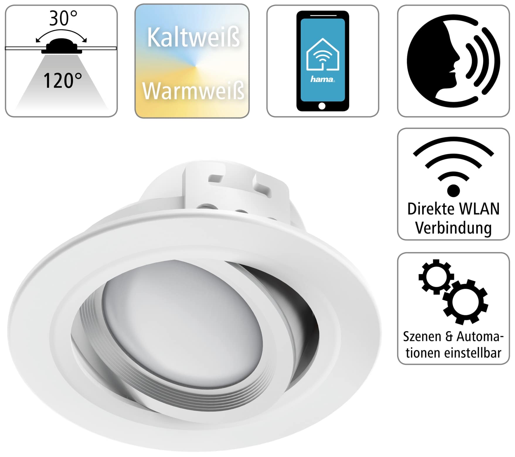 HAMA LED-Einbauleuchte WLAN, 5 W, 350 lm, dimmbar, weiß