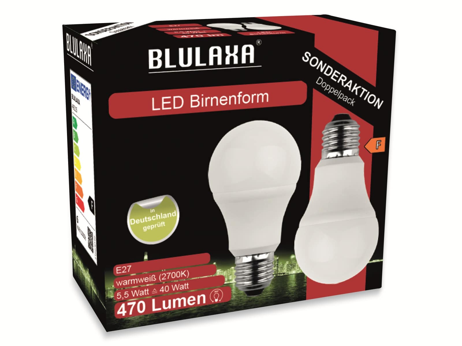 BLULAXA LED-SMD-Lampe, A60, E27, EEK: F, 5,5 W, 470 lm, 2700 K, 2 Stk