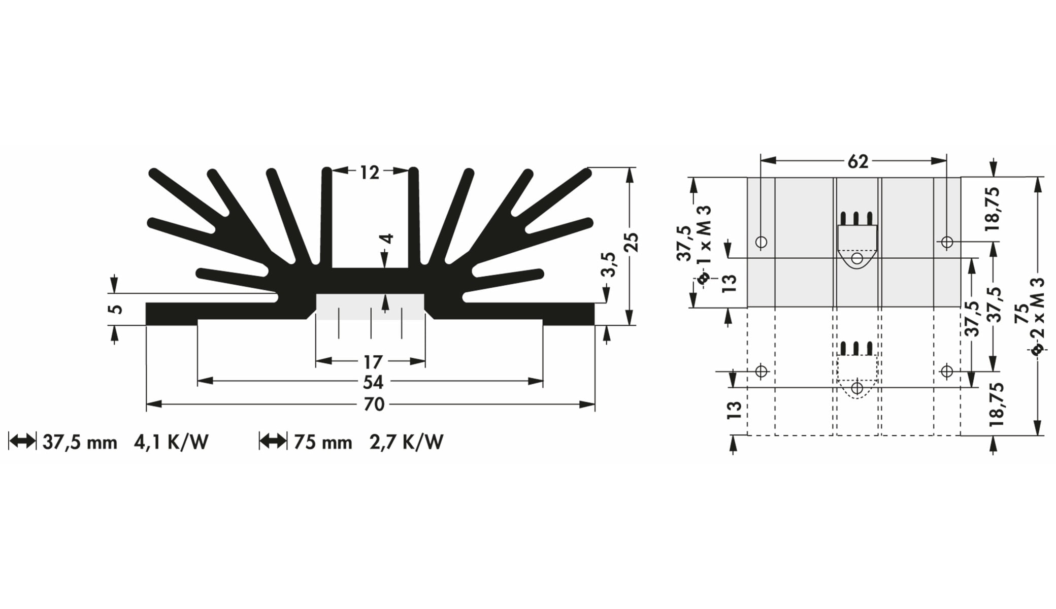 FISCHER ELEKTRONIK Kühlkörper, SK 64 75 SA 2 x 3, Profilkühlkörper, schwarz, Aluminium