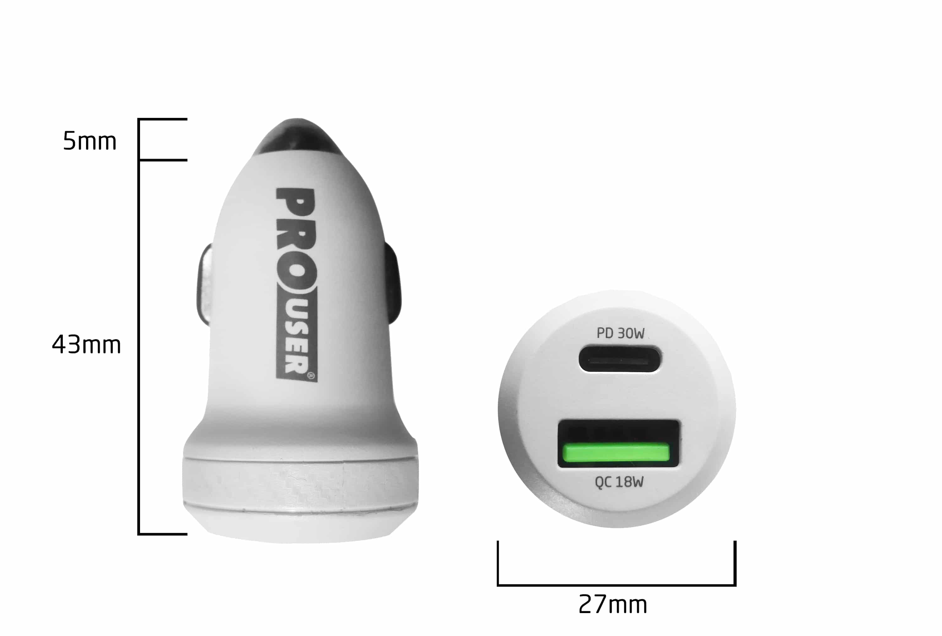 PROUSER Dual KFZ USB-Lader 20164, USB-C u. USB-A (QCPD2B), weiß