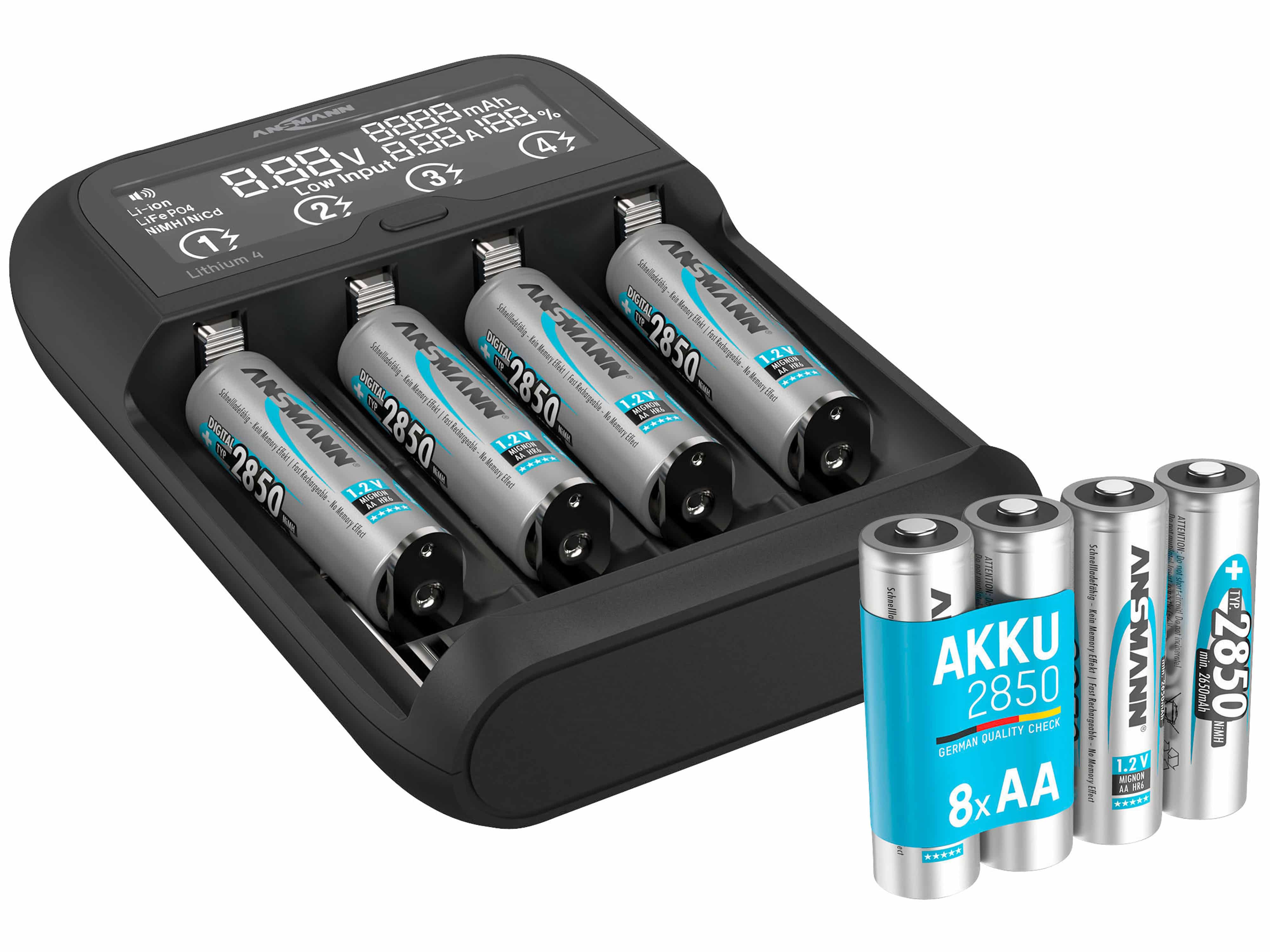 ANSMANN Lithium 4, Ladegerät, inkl. 8xAA NiMH Akkus 2850 mAh, Vorteilspack