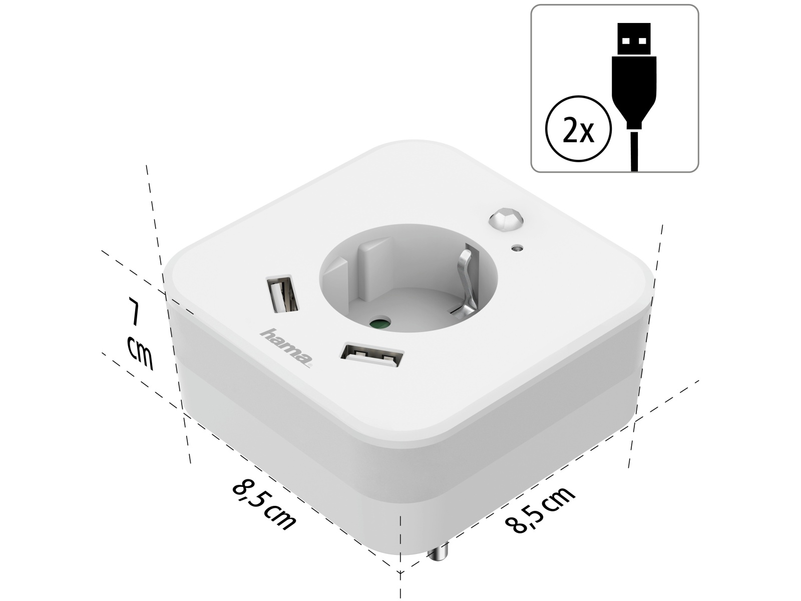 HAMA Nachtlicht mit Steckdose und 2x USB Ausgänge, Helligkeitssensor