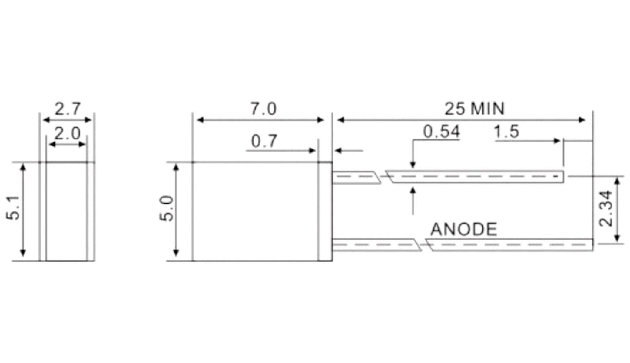 HUIYUAN OPTO-ELECTRONIC HuiYuan LED, rechteckig, 2x5 mm, diffus, gelb, 750 mcd, 20 mA, 120°