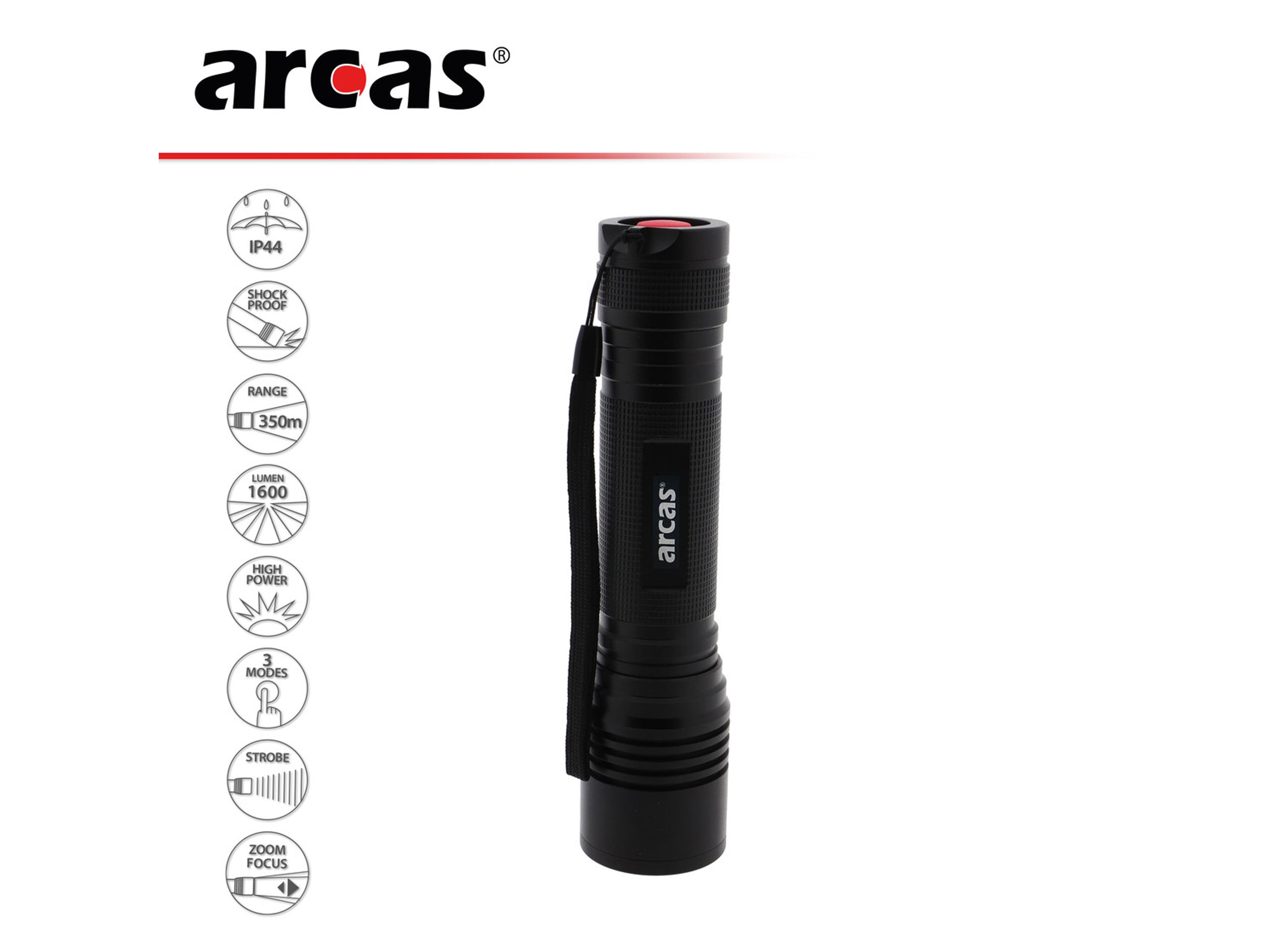 ARCAS LED-Taschenlampe, 18 W, 1600 lm, Zoom, Aluminium, schwarz