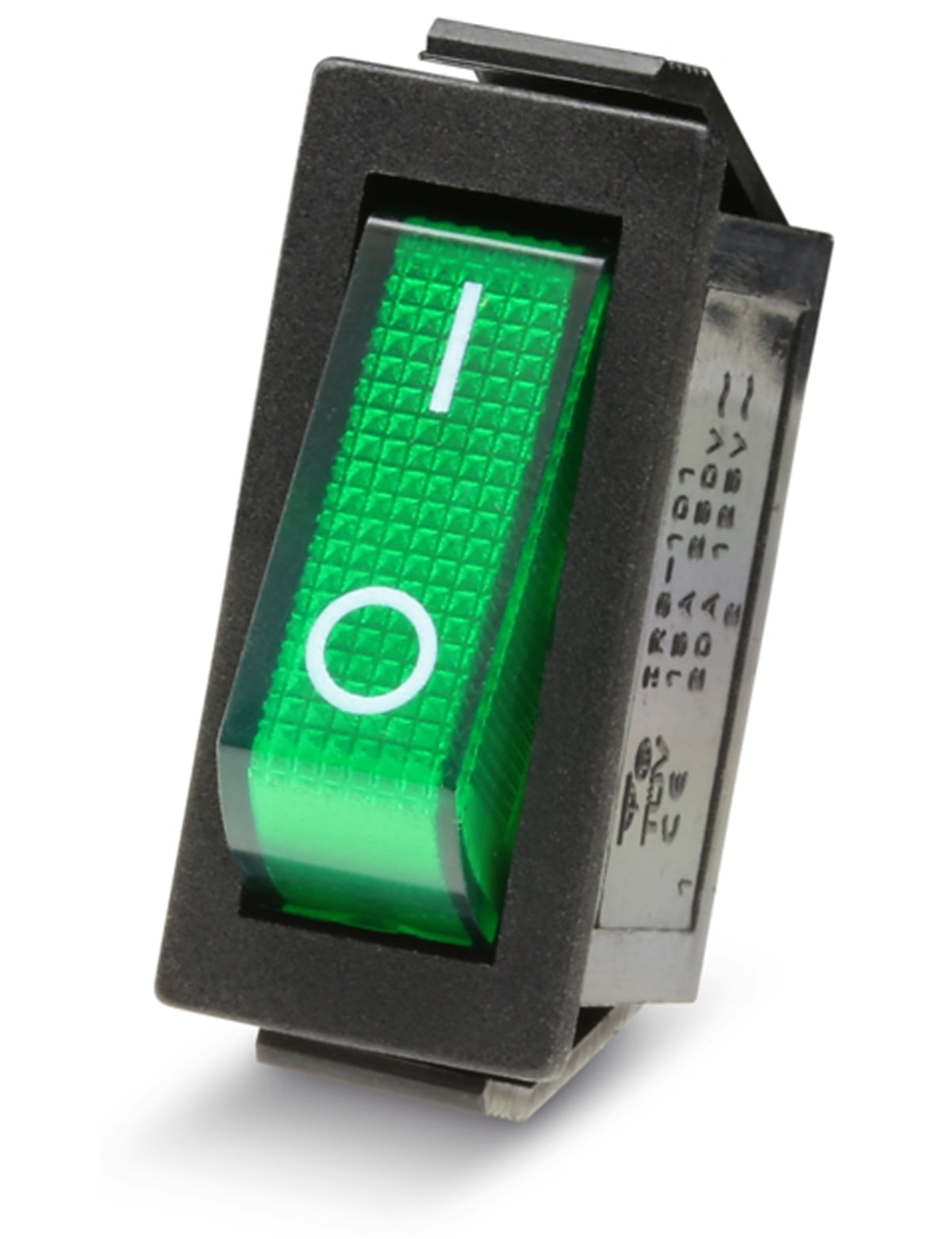 Wippenschalter 1-pol., I-0, grün beleuchtet, 27x10,5 mm
