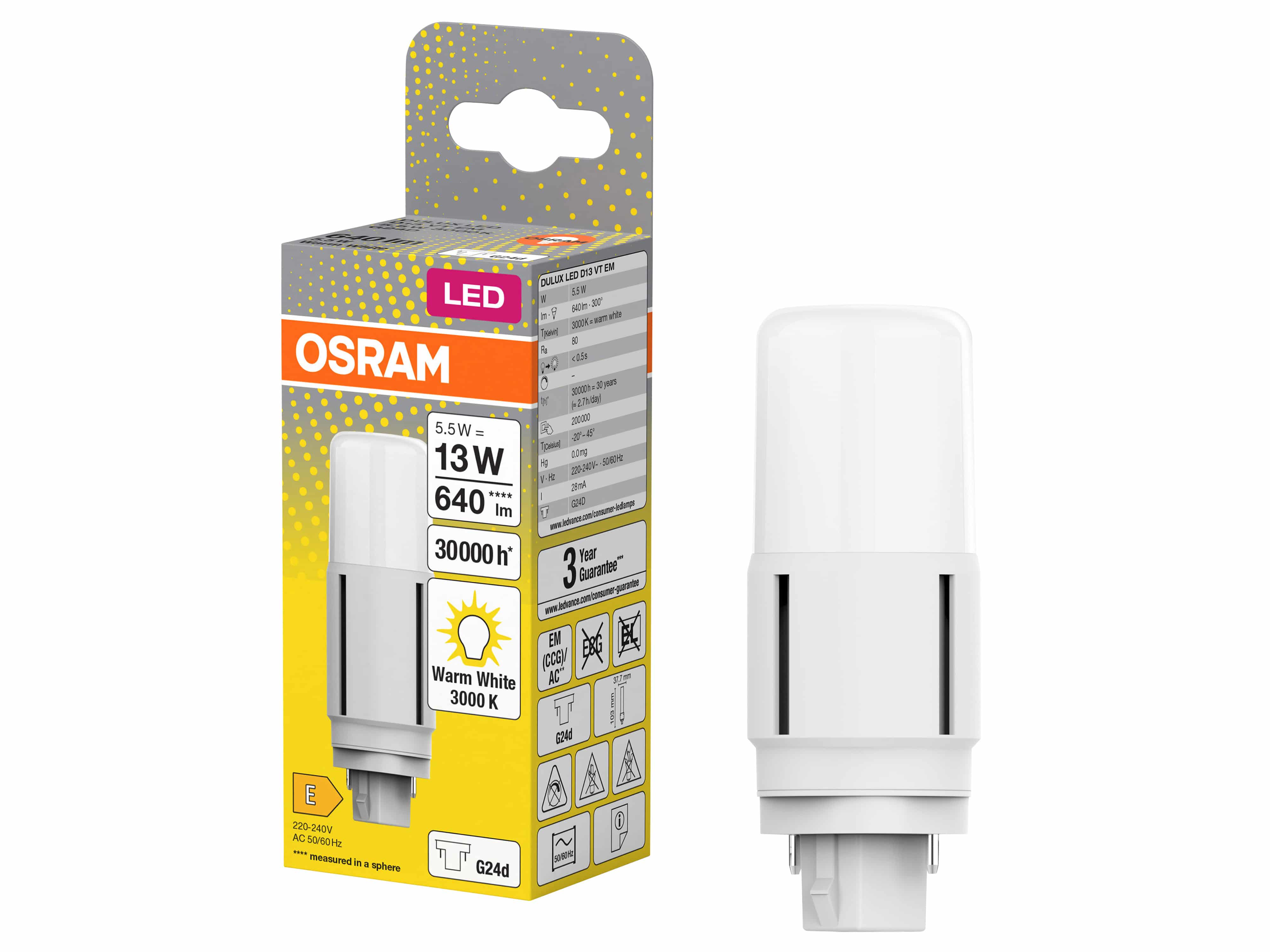 OSRAM LED-Lampe, Dulux D13, G24d, EEK: E, 5,5W, 640lm, 3000K